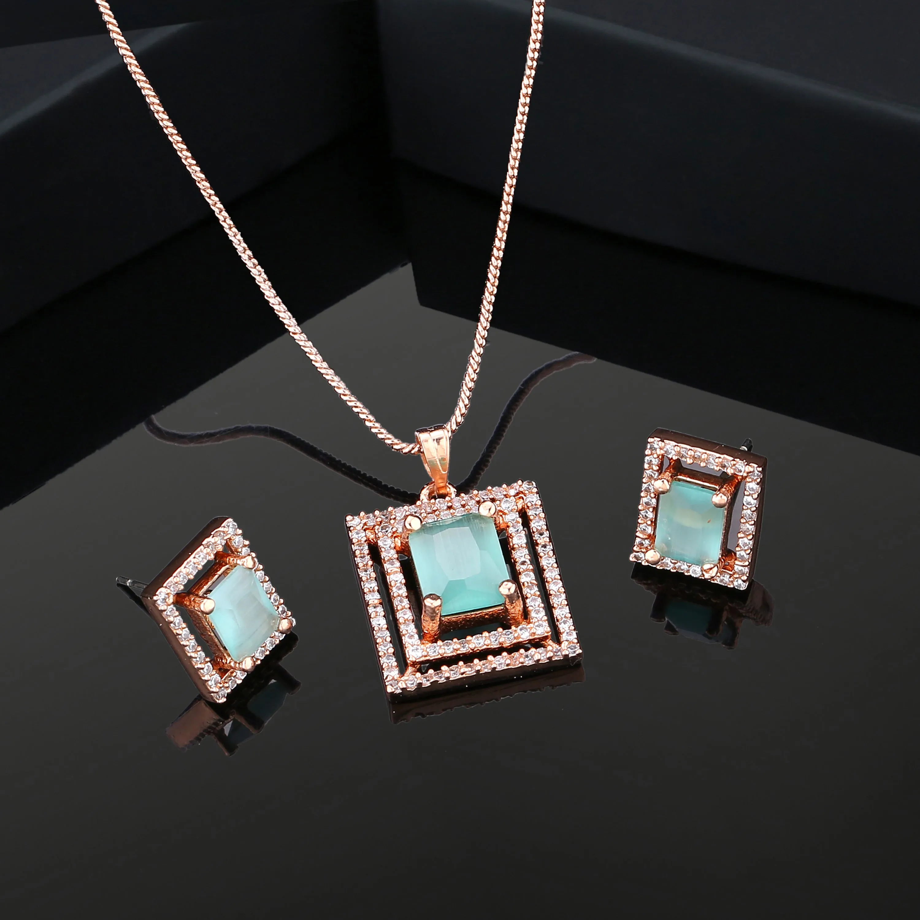 Estele Rose Gold Plated CZ Square Designer Pendant Set with Mint Green Crystals for Women