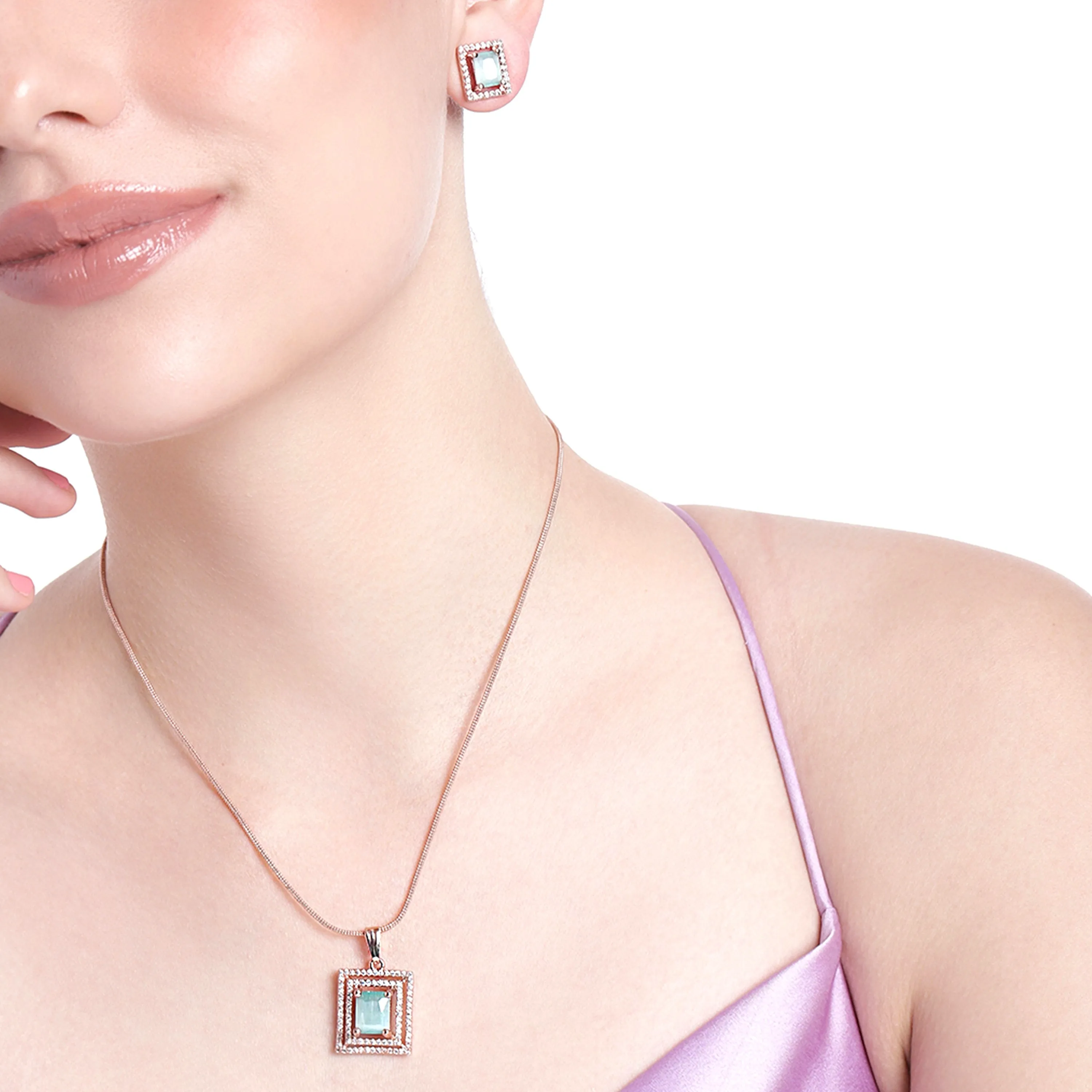 Estele Rose Gold Plated CZ Square Designer Pendant Set with Mint Green Crystals for Women