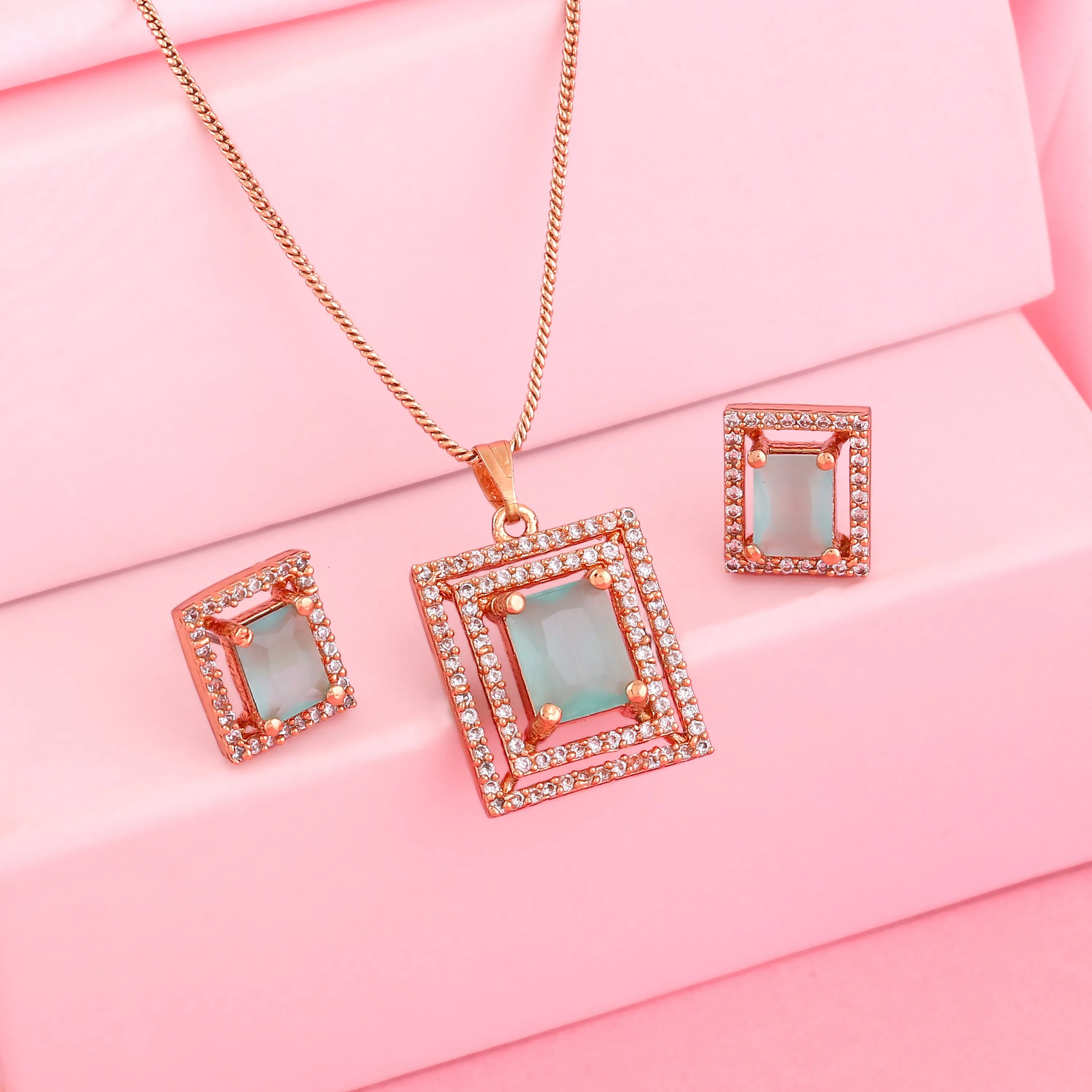 Estele Rose Gold Plated CZ Square Designer Pendant Set with Mint Green Crystals for Women