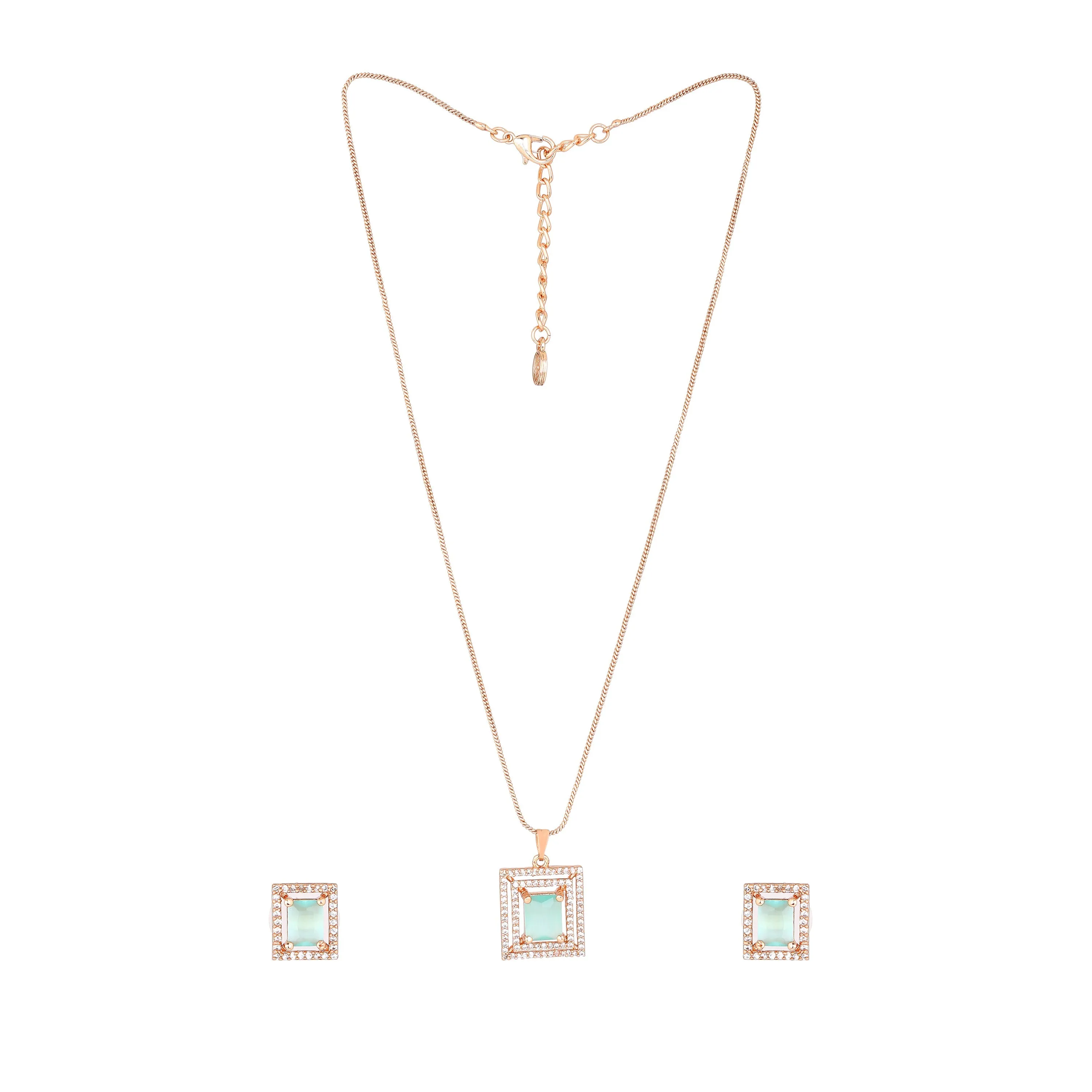 Estele Rose Gold Plated CZ Square Designer Pendant Set with Mint Green Crystals for Women