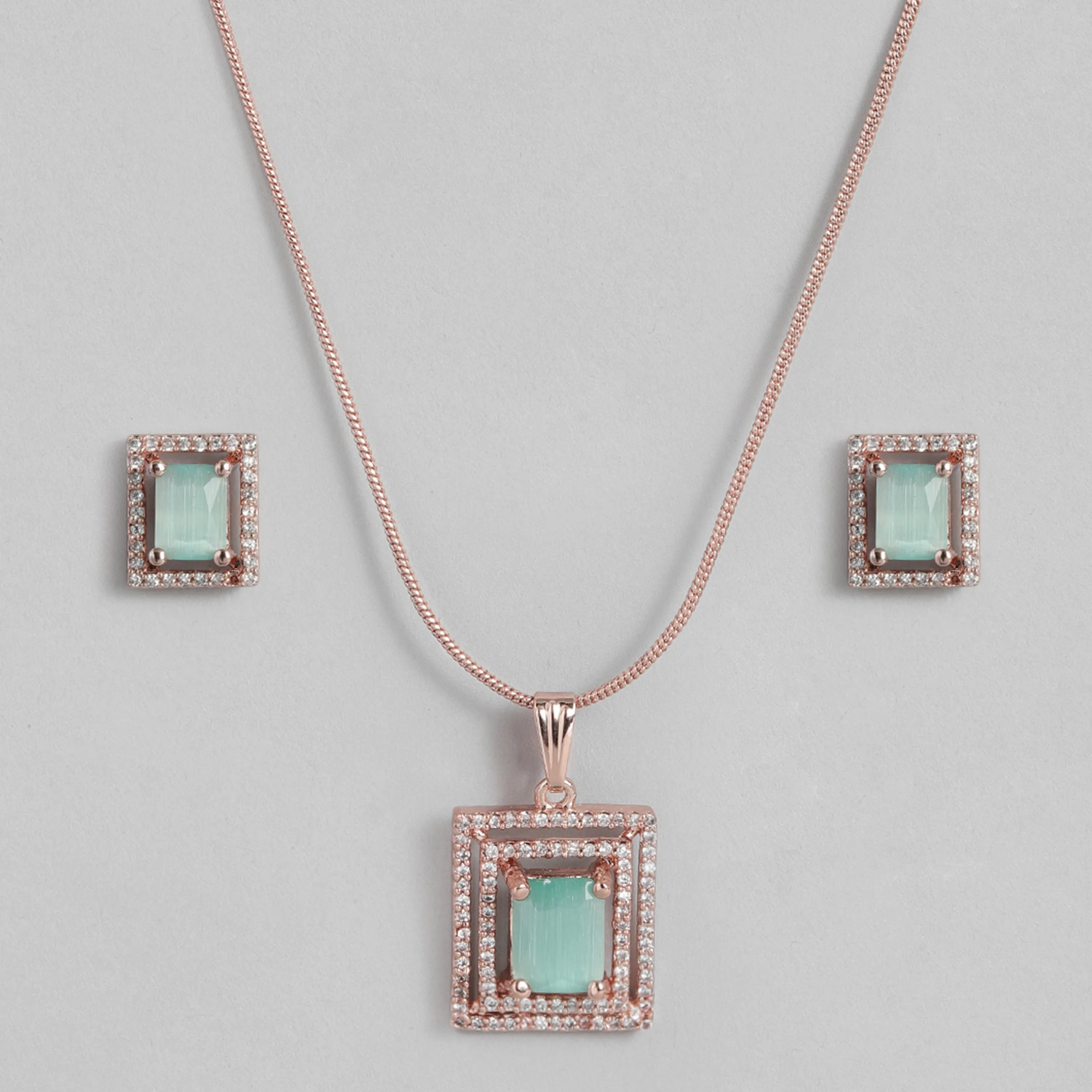 Estele Rose Gold Plated CZ Square Designer Pendant Set with Mint Green Crystals for Women