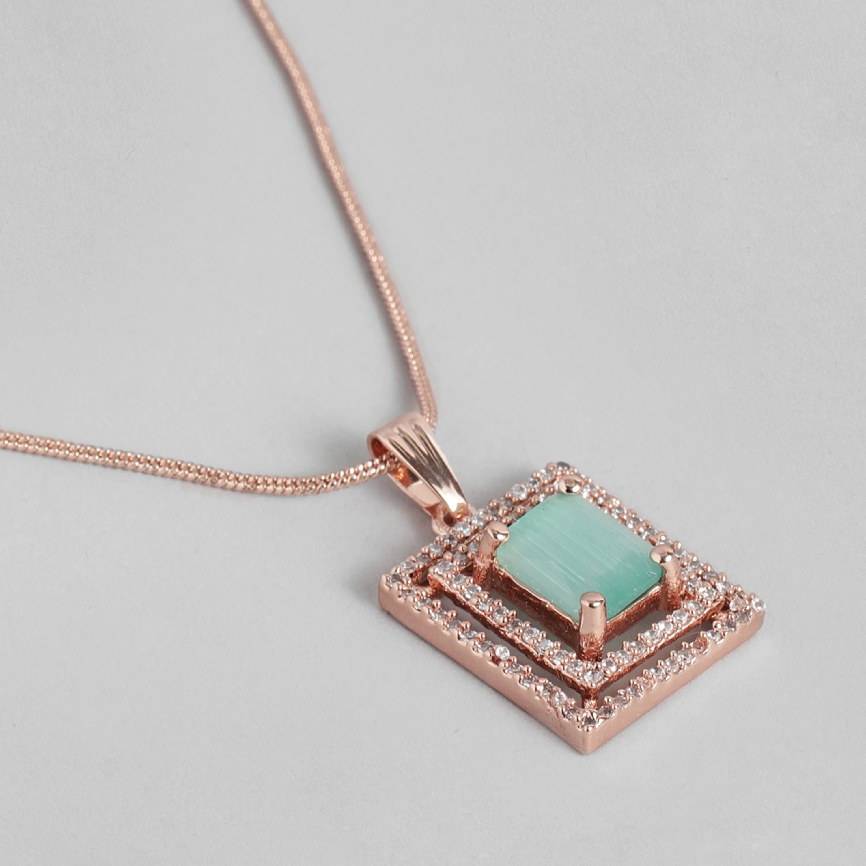 Estele Rose Gold Plated CZ Square Designer Pendant Set with Mint Green Crystals for Women