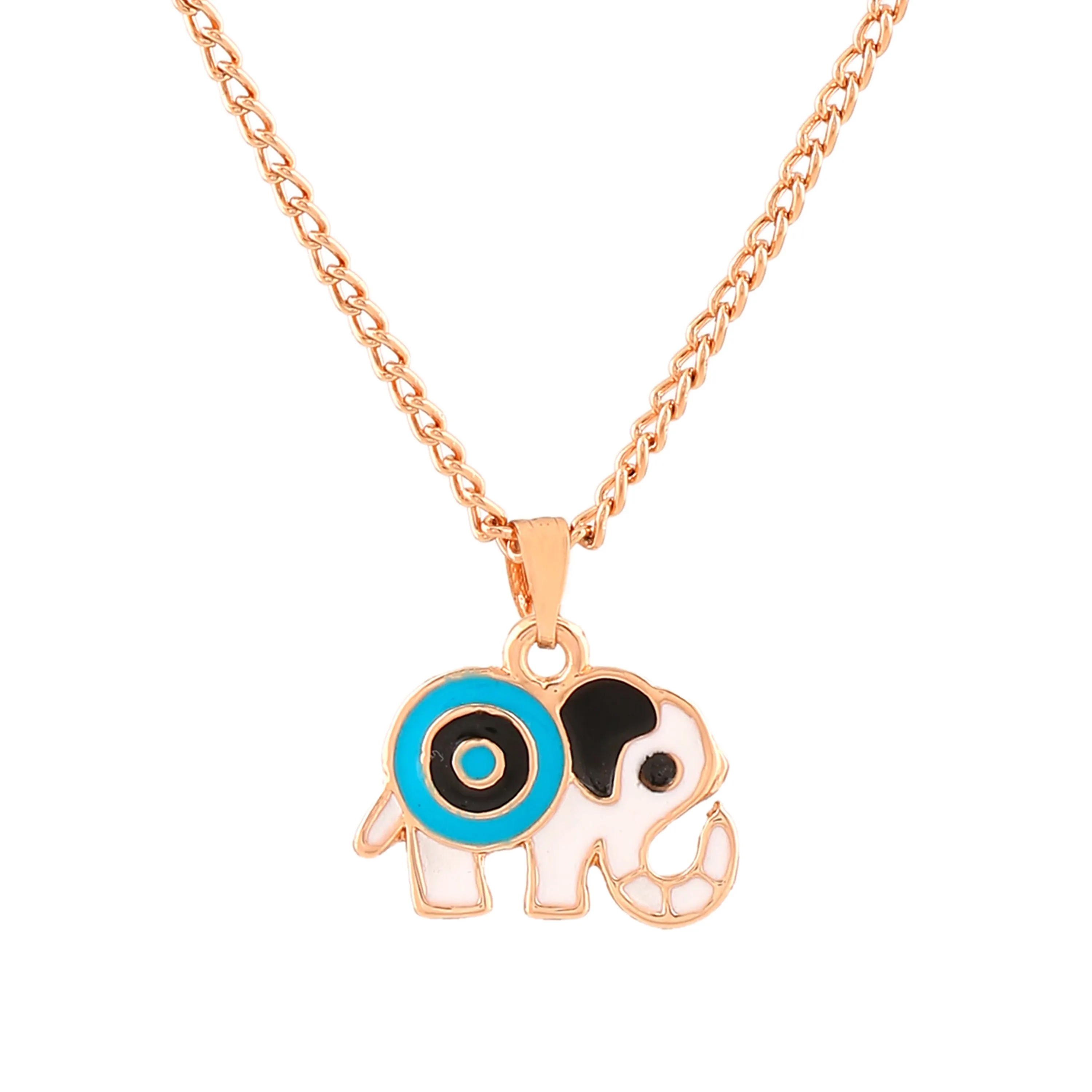 Estele Rose Gold Plated Elephant Designer Evil Eye Charm Pendant with Black & Turkish Blue Enamel for Girls/Women