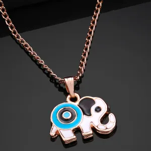 Estele Rose Gold Plated Elephant Designer Evil Eye Charm Pendant with Black & Turkish Blue Enamel for Girls/Women