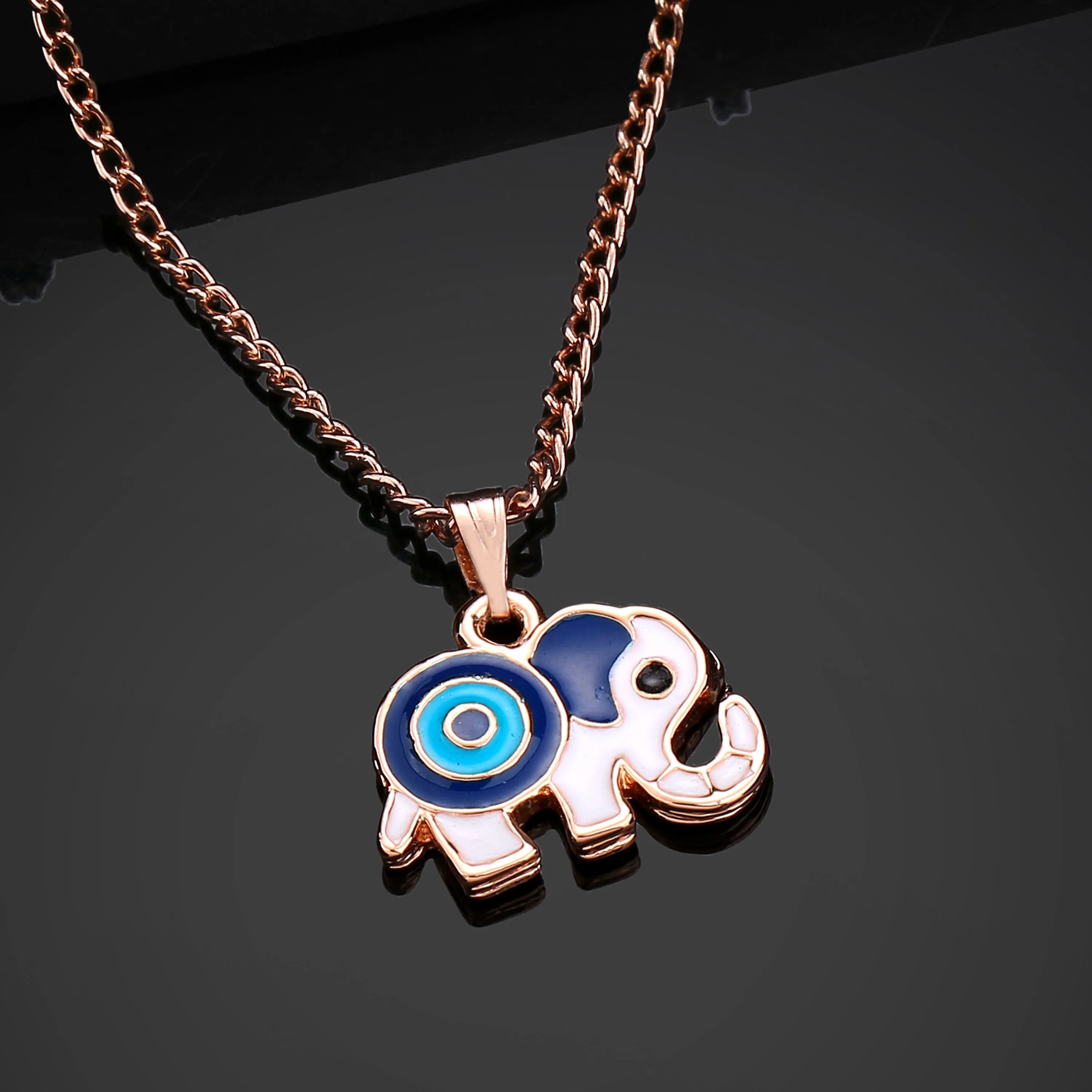 Estele Rose Gold Plated Gorgeous Elephant Designer Evil Eye Charm Pendant with Navy Blue & Turquoise Blue Enamel for Girls/Women