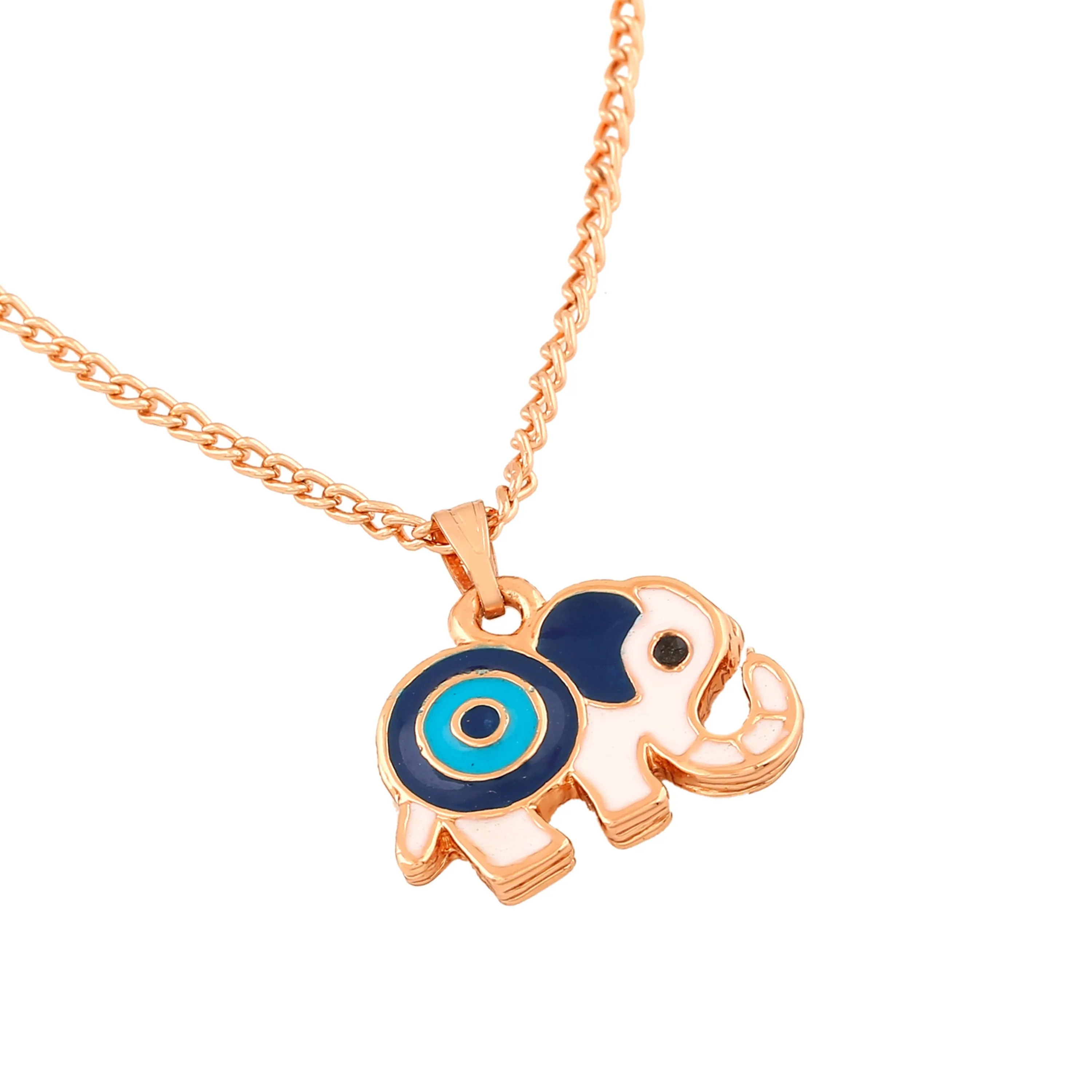 Estele Rose Gold Plated Gorgeous Elephant Designer Evil Eye Charm Pendant with Navy Blue & Turquoise Blue Enamel for Girls/Women