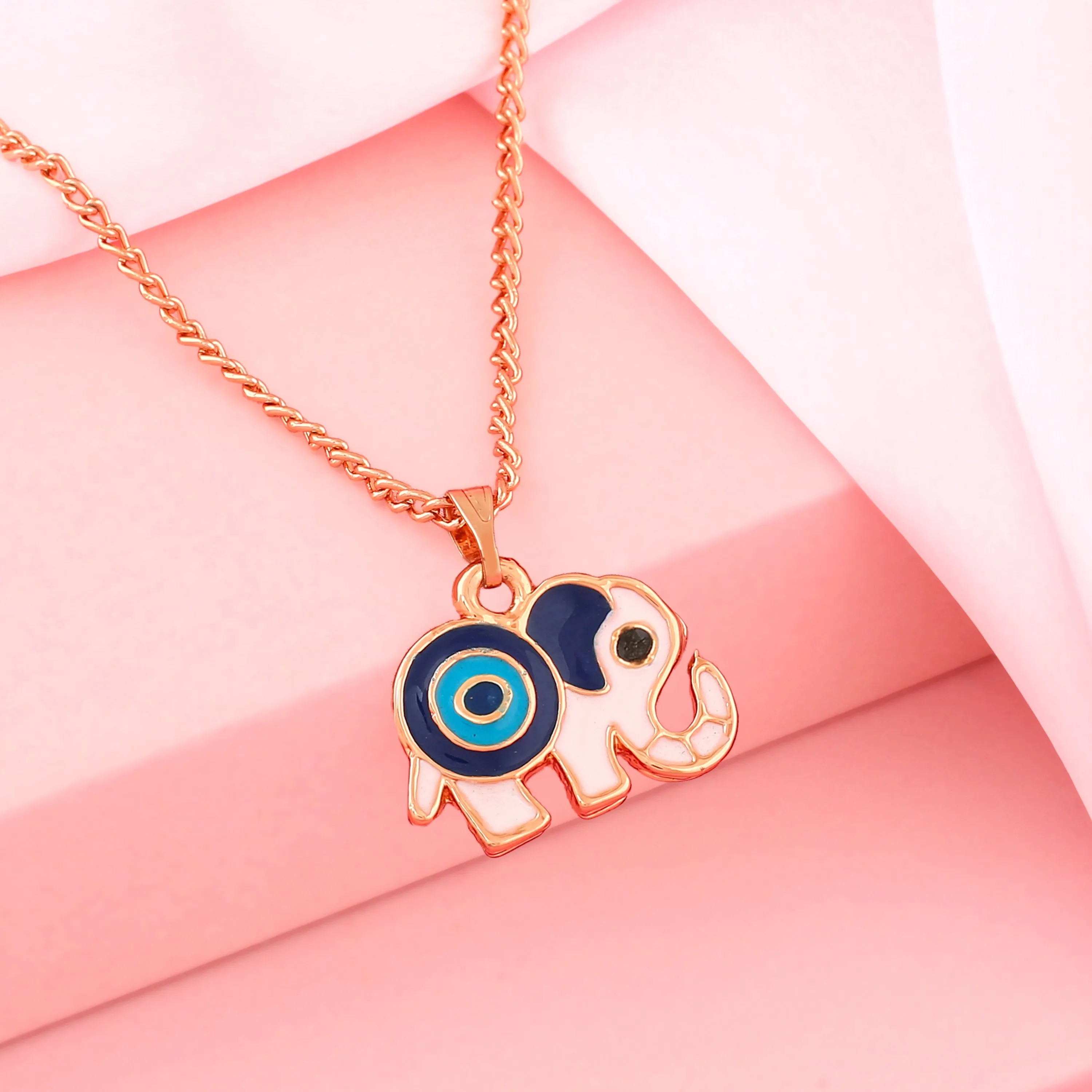 Estele Rose Gold Plated Gorgeous Elephant Designer Evil Eye Charm Pendant with Navy Blue & Turquoise Blue Enamel for Girls/Women