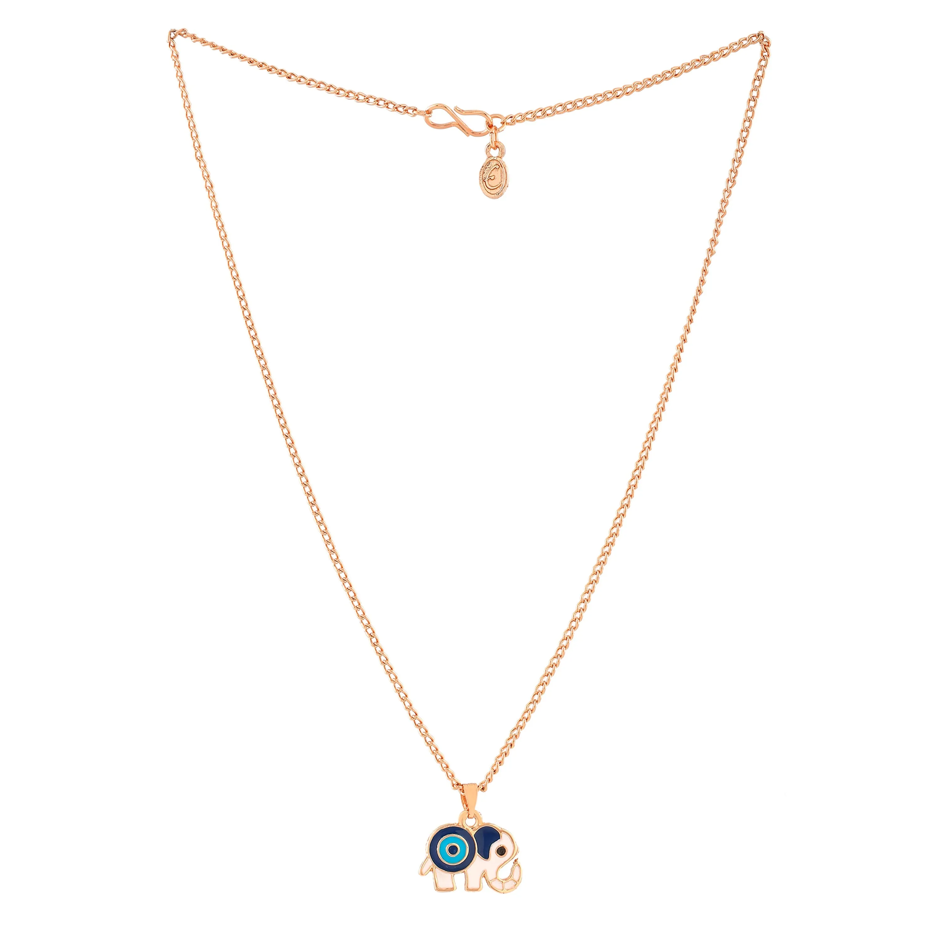 Estele Rose Gold Plated Gorgeous Elephant Designer Evil Eye Charm Pendant with Navy Blue & Turquoise Blue Enamel for Girls/Women