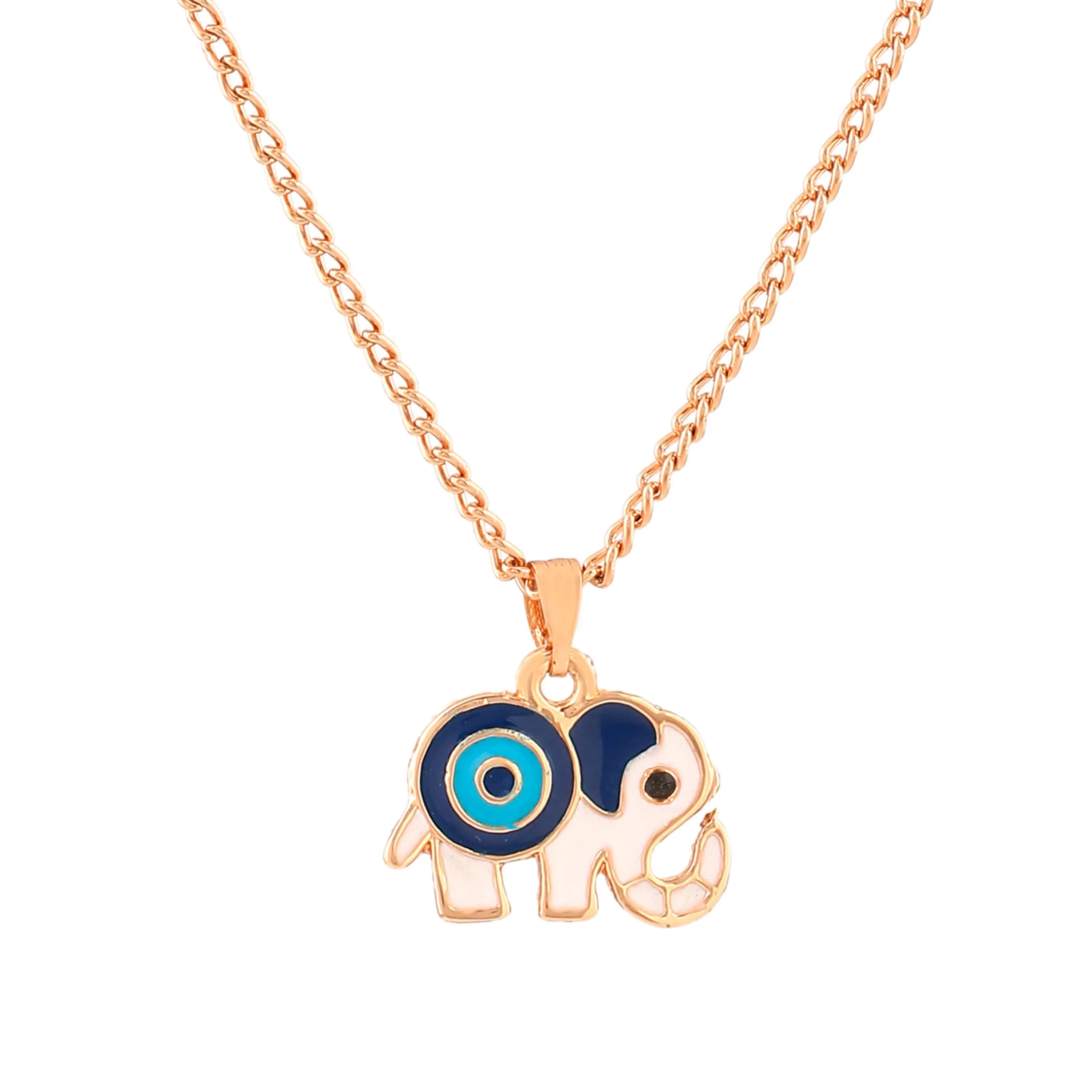 Estele Rose Gold Plated Gorgeous Elephant Designer Evil Eye Charm Pendant with Navy Blue & Turquoise Blue Enamel for Girls/Women