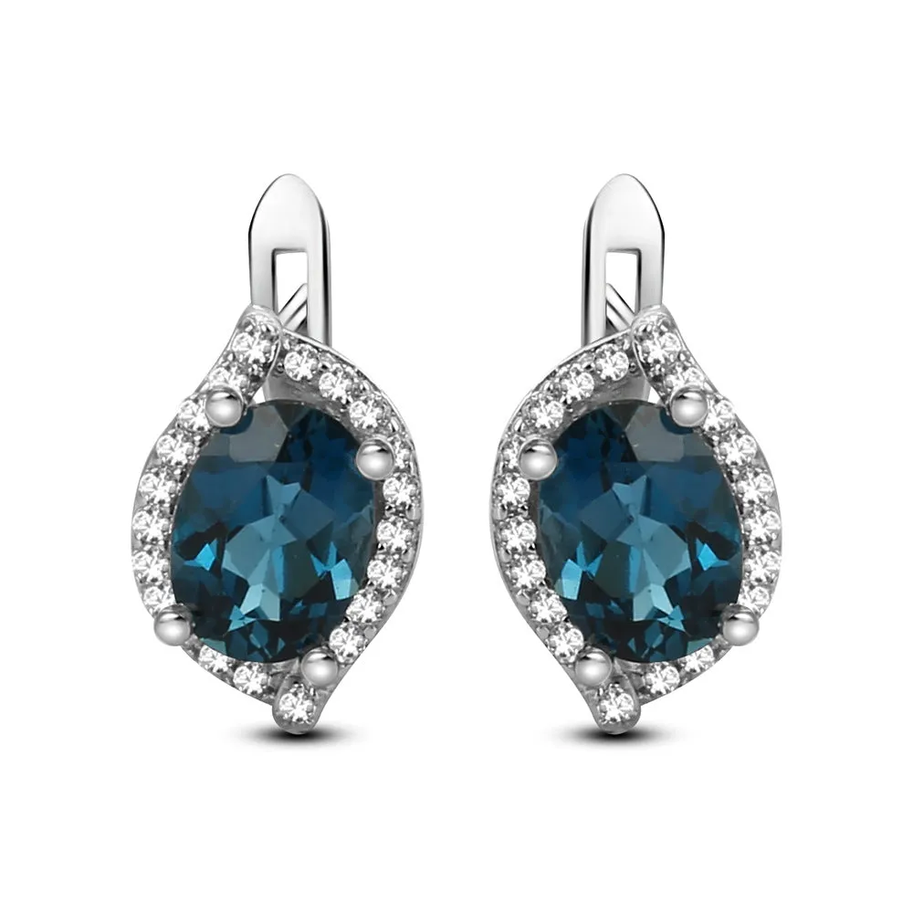 European Luxurious Natural Topaz Oval Shape Silver Studs Earrings for Women