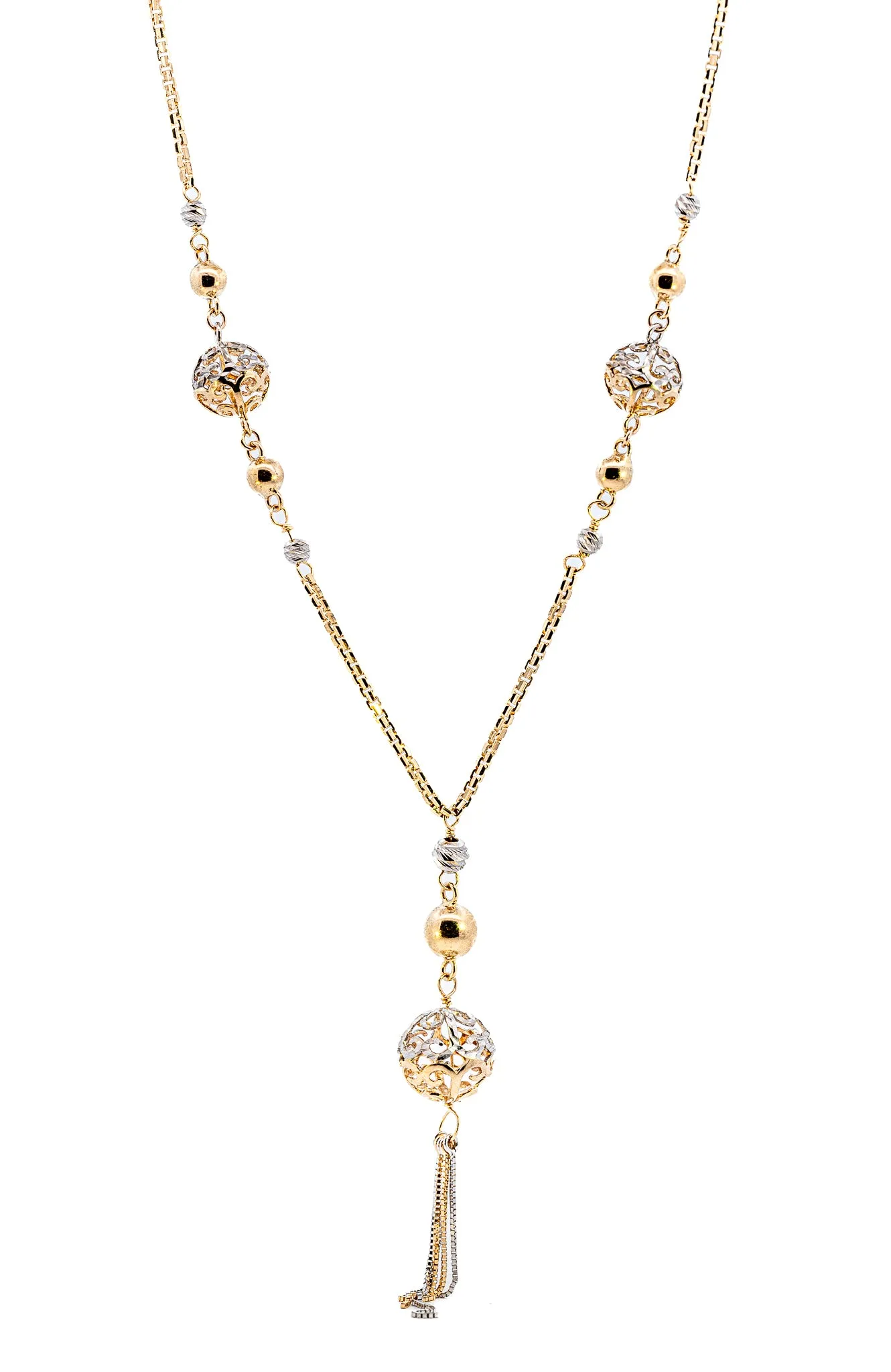 Exquisite Yellow & White Gold Necklace with Filigree & Diamond Cut Balls