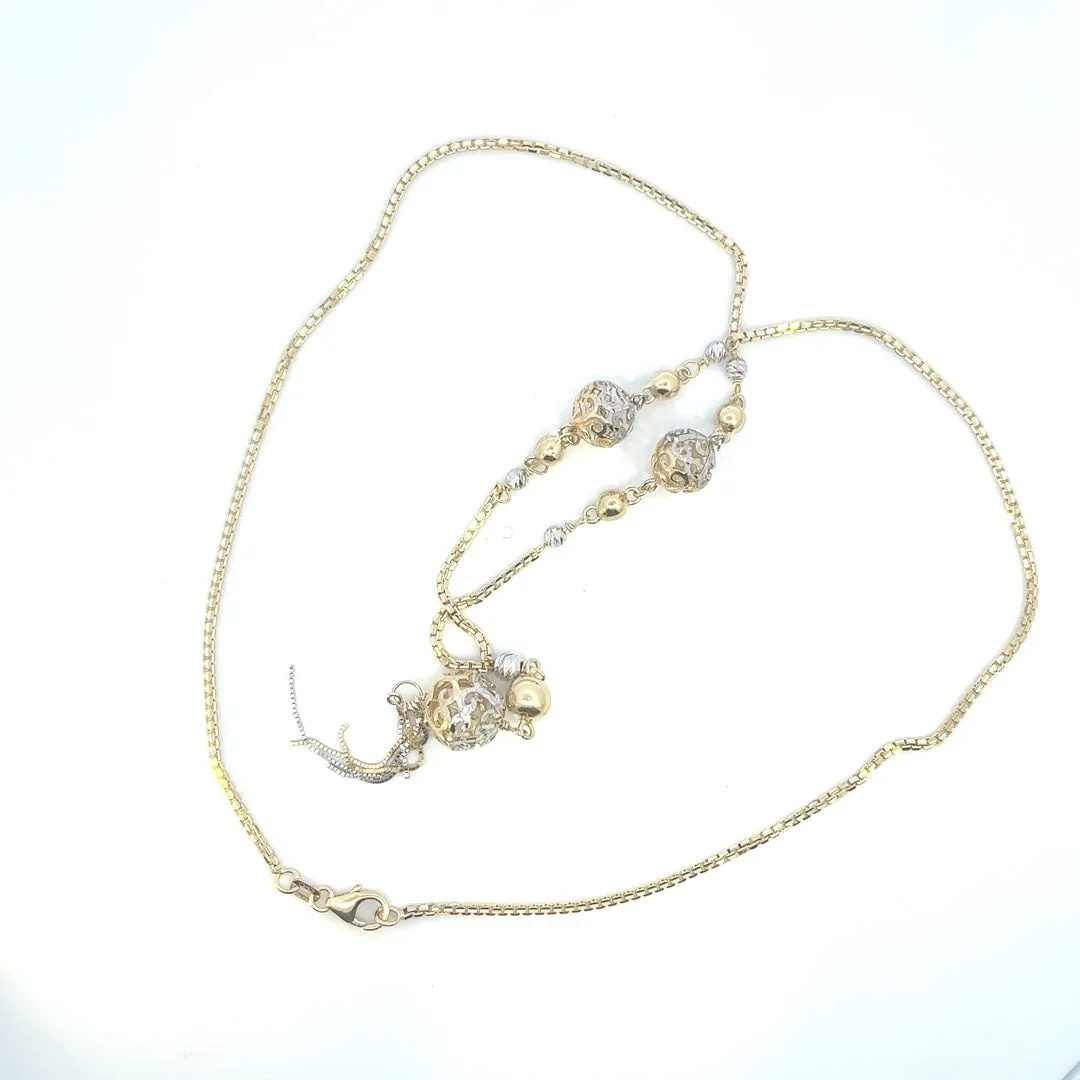 Exquisite Yellow & White Gold Necklace with Filigree & Diamond Cut Balls