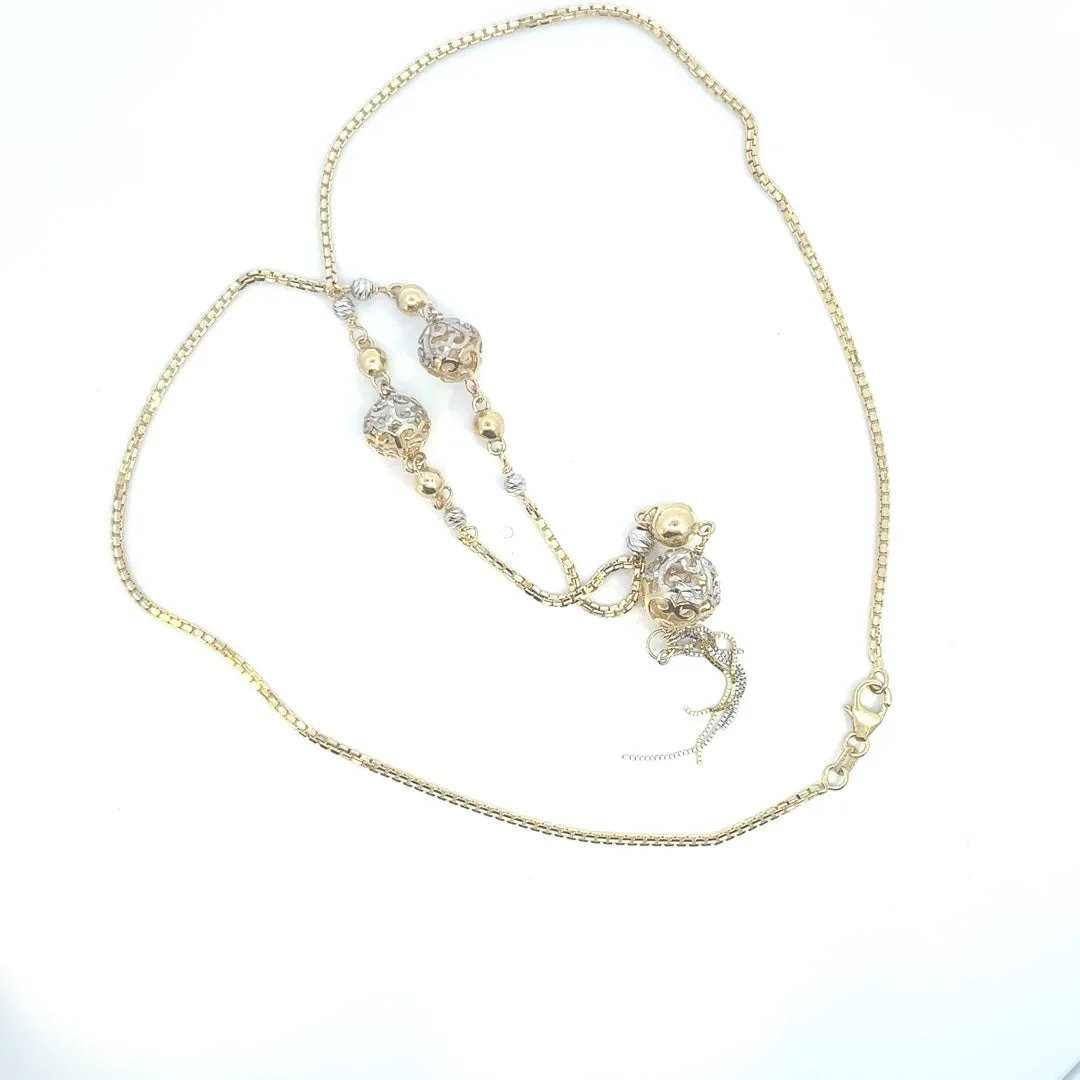 Exquisite Yellow & White Gold Necklace with Filigree & Diamond Cut Balls