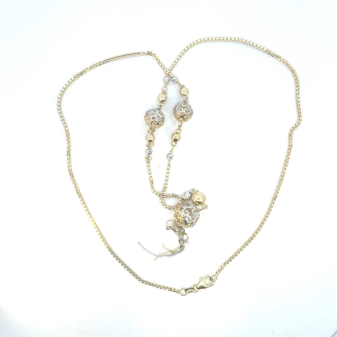 Exquisite Yellow & White Gold Necklace with Filigree & Diamond Cut Balls