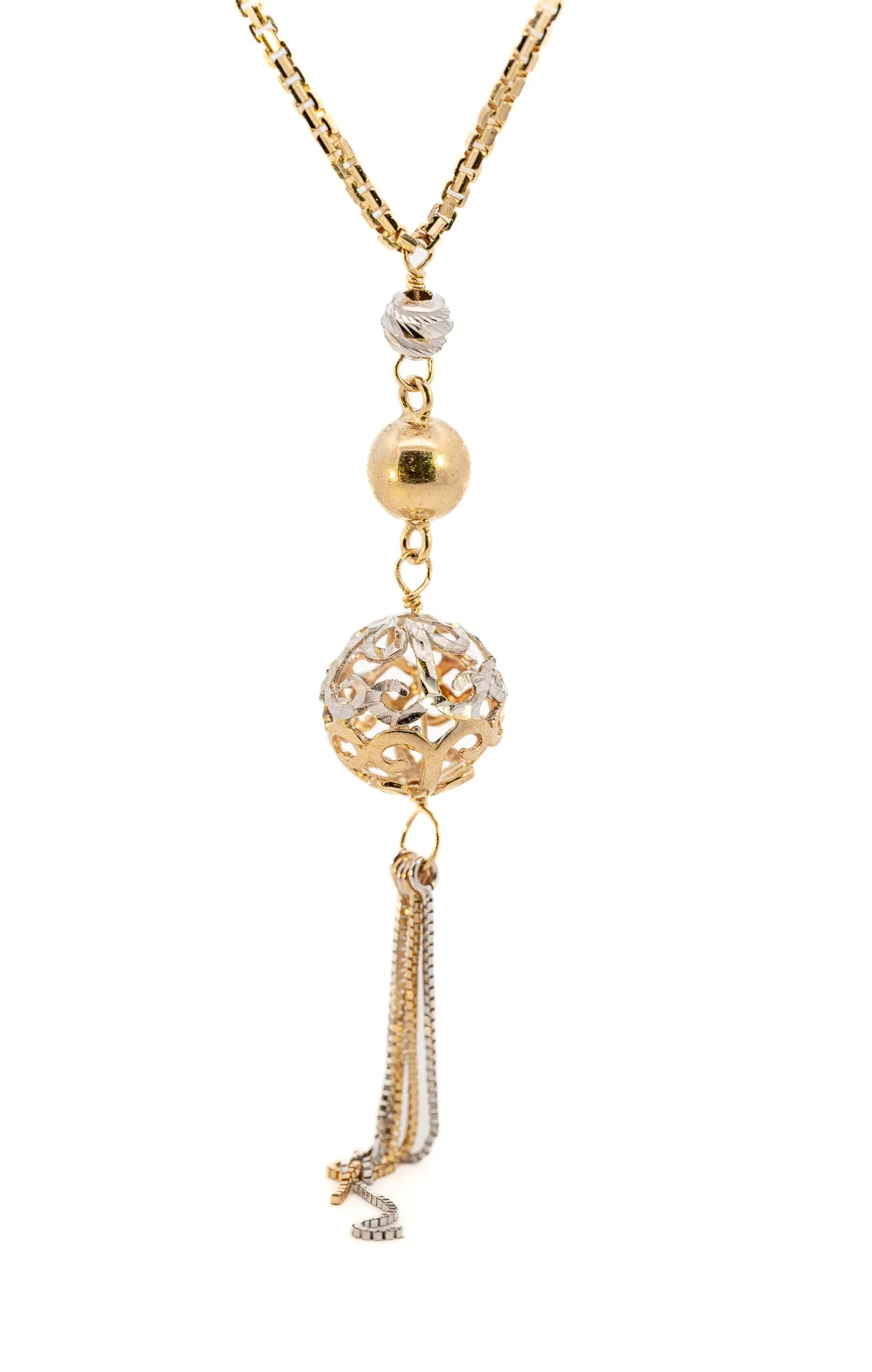 Exquisite Yellow & White Gold Necklace with Filigree & Diamond Cut Balls