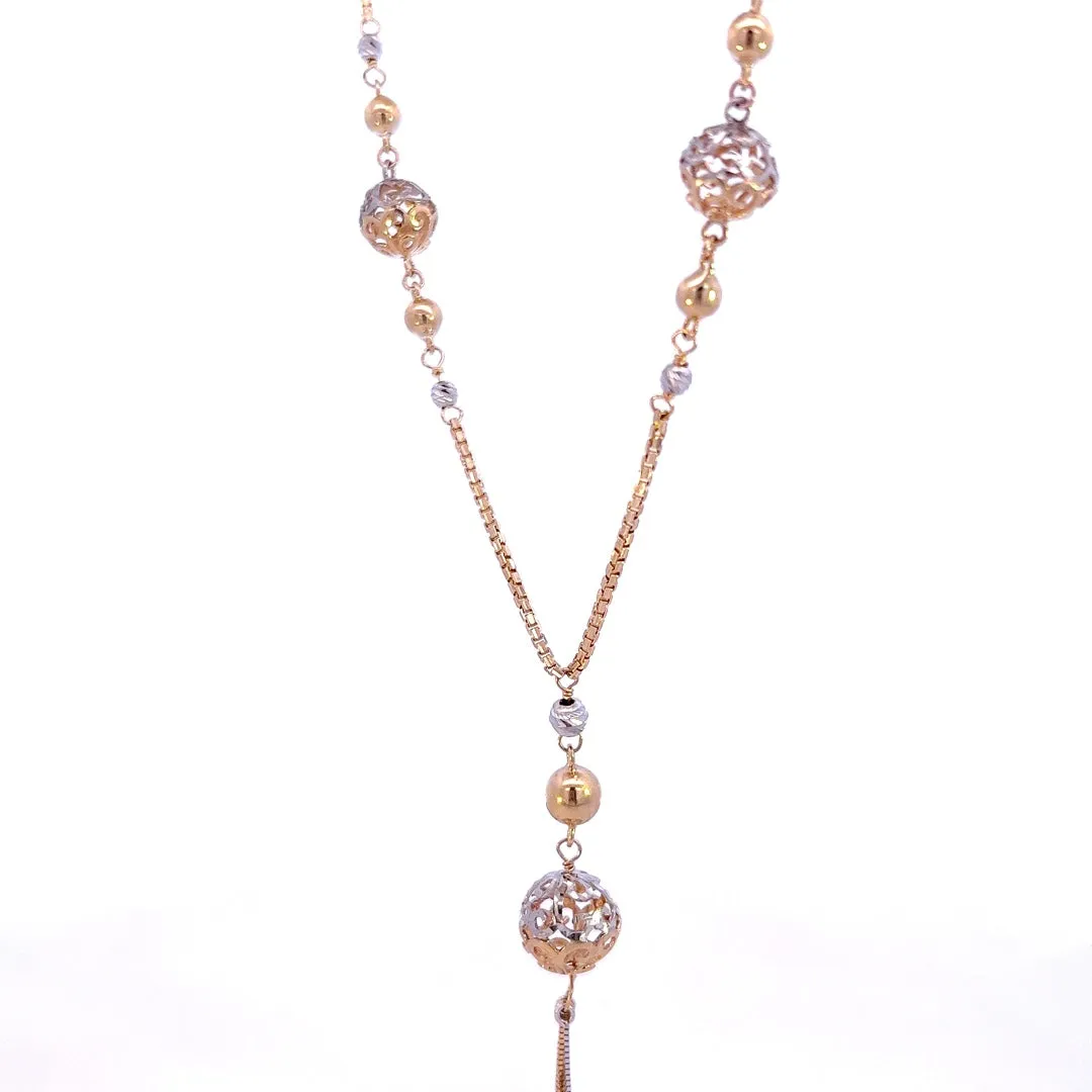 Exquisite Yellow & White Gold Necklace with Filigree & Diamond Cut Balls