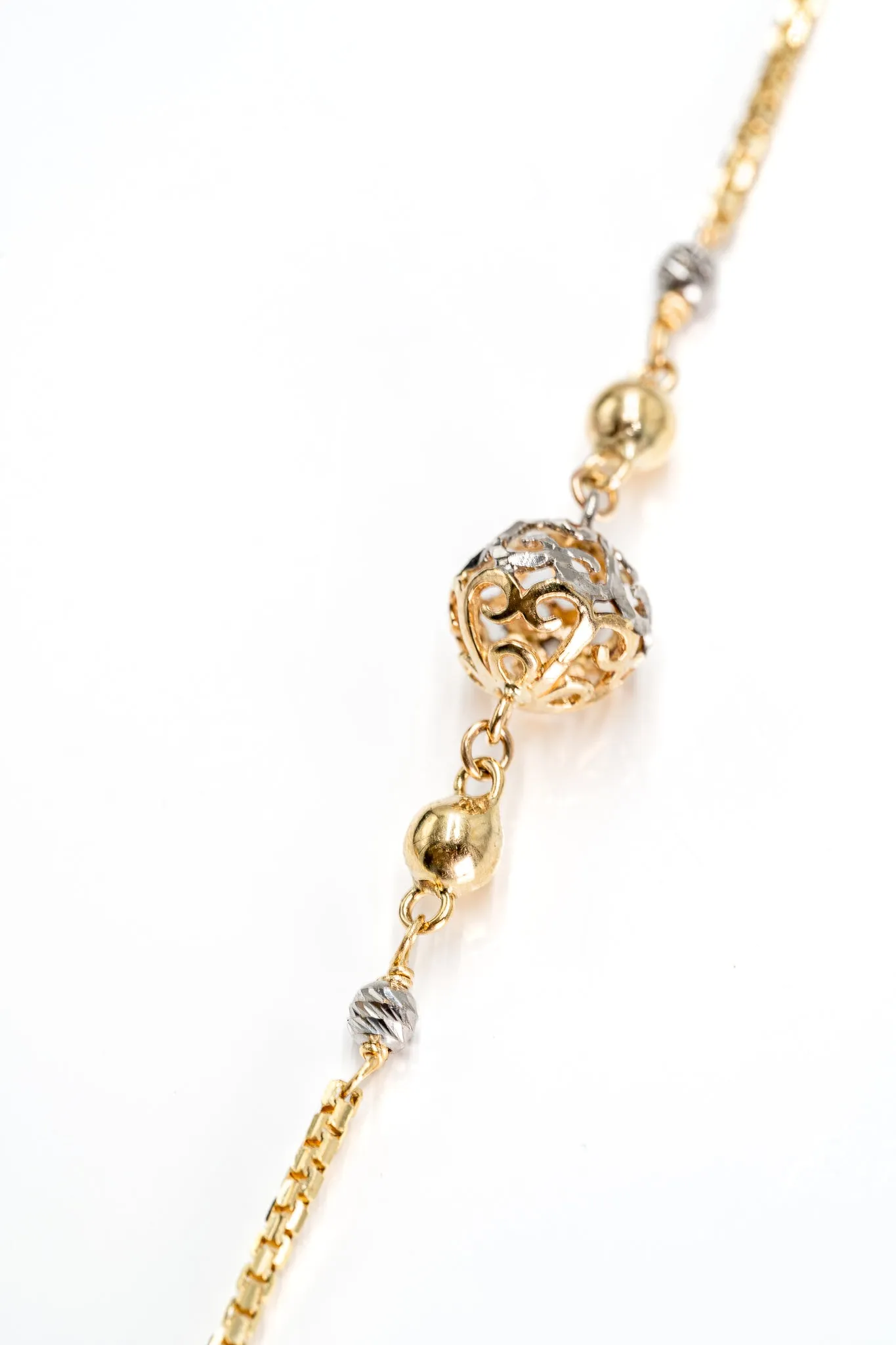 Exquisite Yellow & White Gold Necklace with Filigree & Diamond Cut Balls