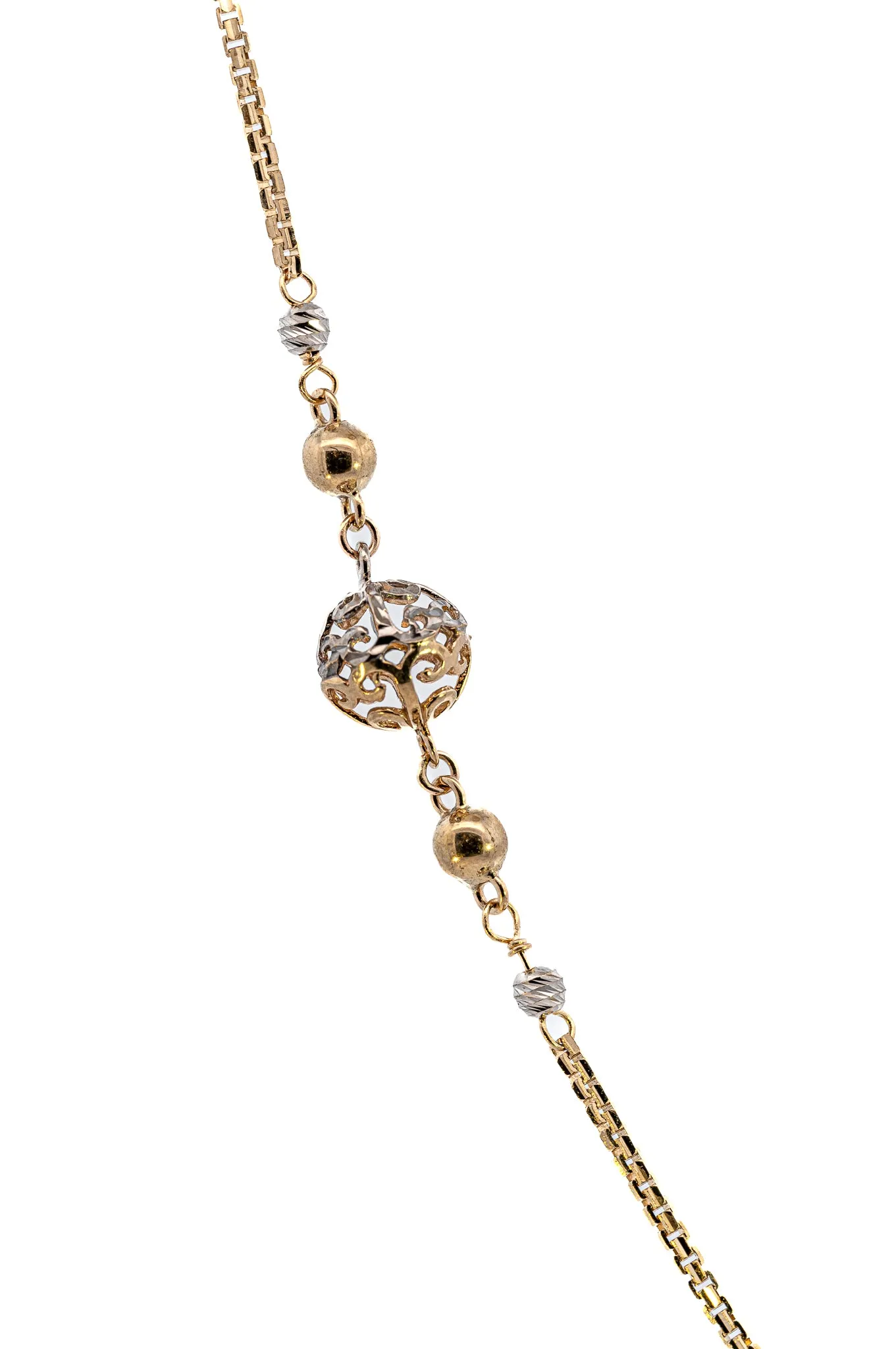 Exquisite Yellow & White Gold Necklace with Filigree & Diamond Cut Balls