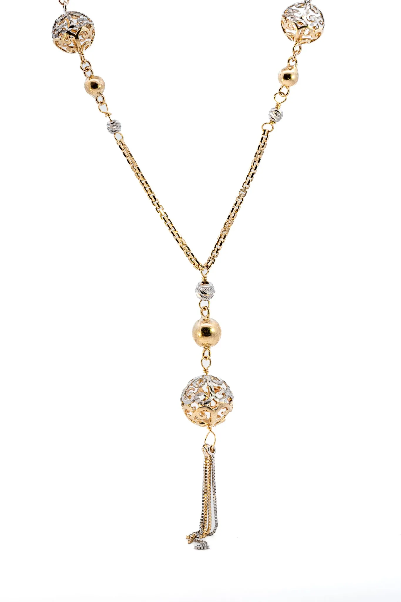 Exquisite Yellow & White Gold Necklace with Filigree & Diamond Cut Balls