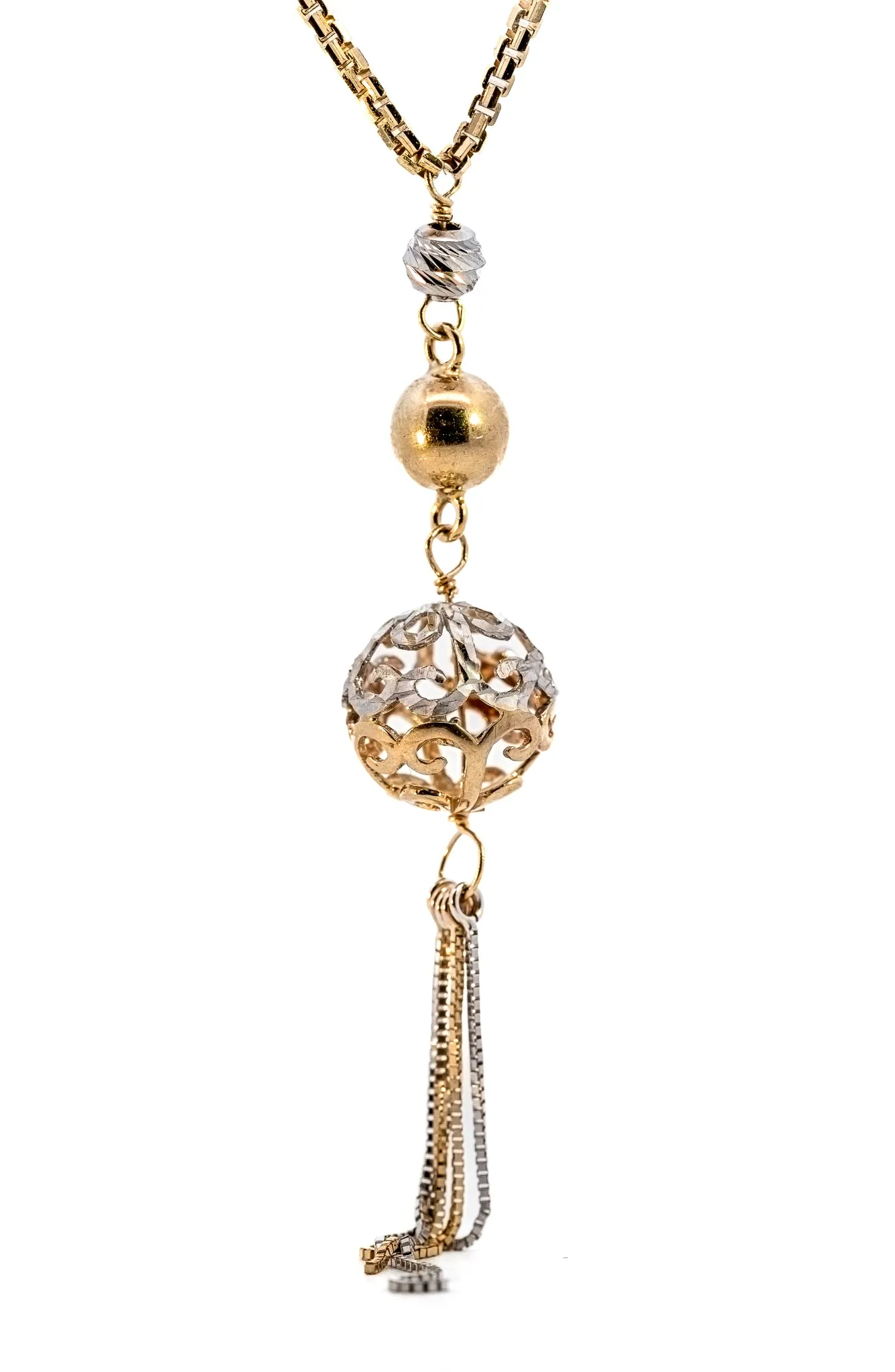 Exquisite Yellow & White Gold Necklace with Filigree & Diamond Cut Balls