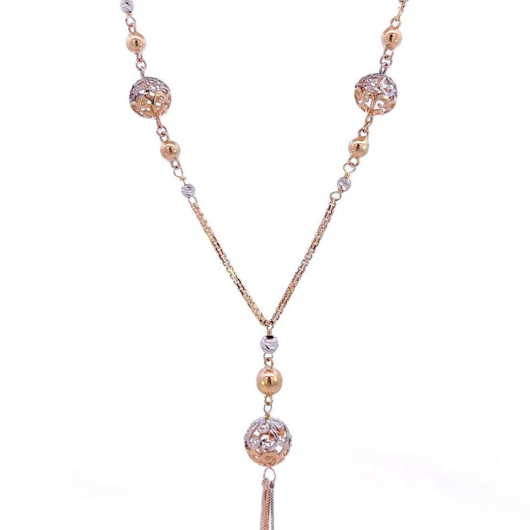 Exquisite Yellow & White Gold Necklace with Filigree & Diamond Cut Balls