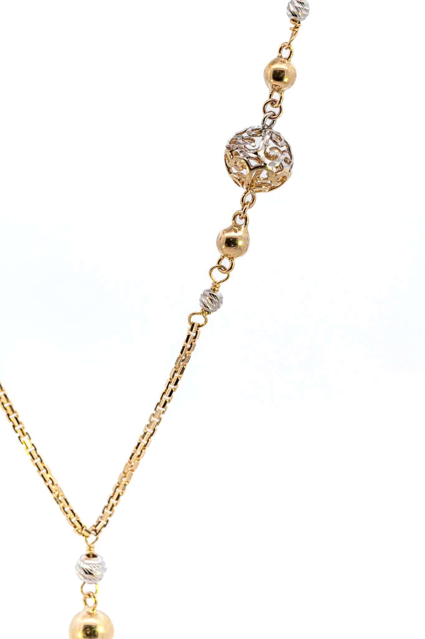 Exquisite Yellow & White Gold Necklace with Filigree & Diamond Cut Balls