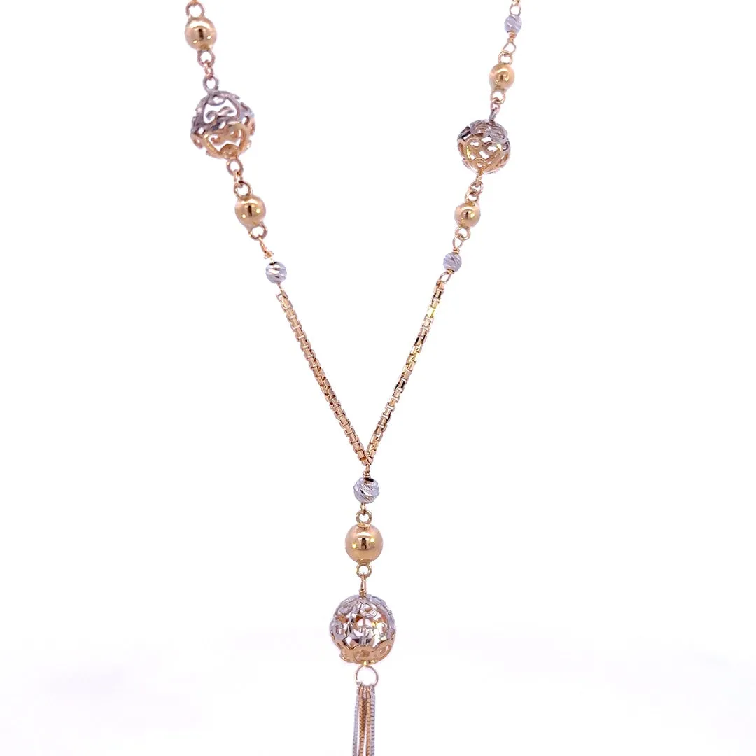 Exquisite Yellow & White Gold Necklace with Filigree & Diamond Cut Balls