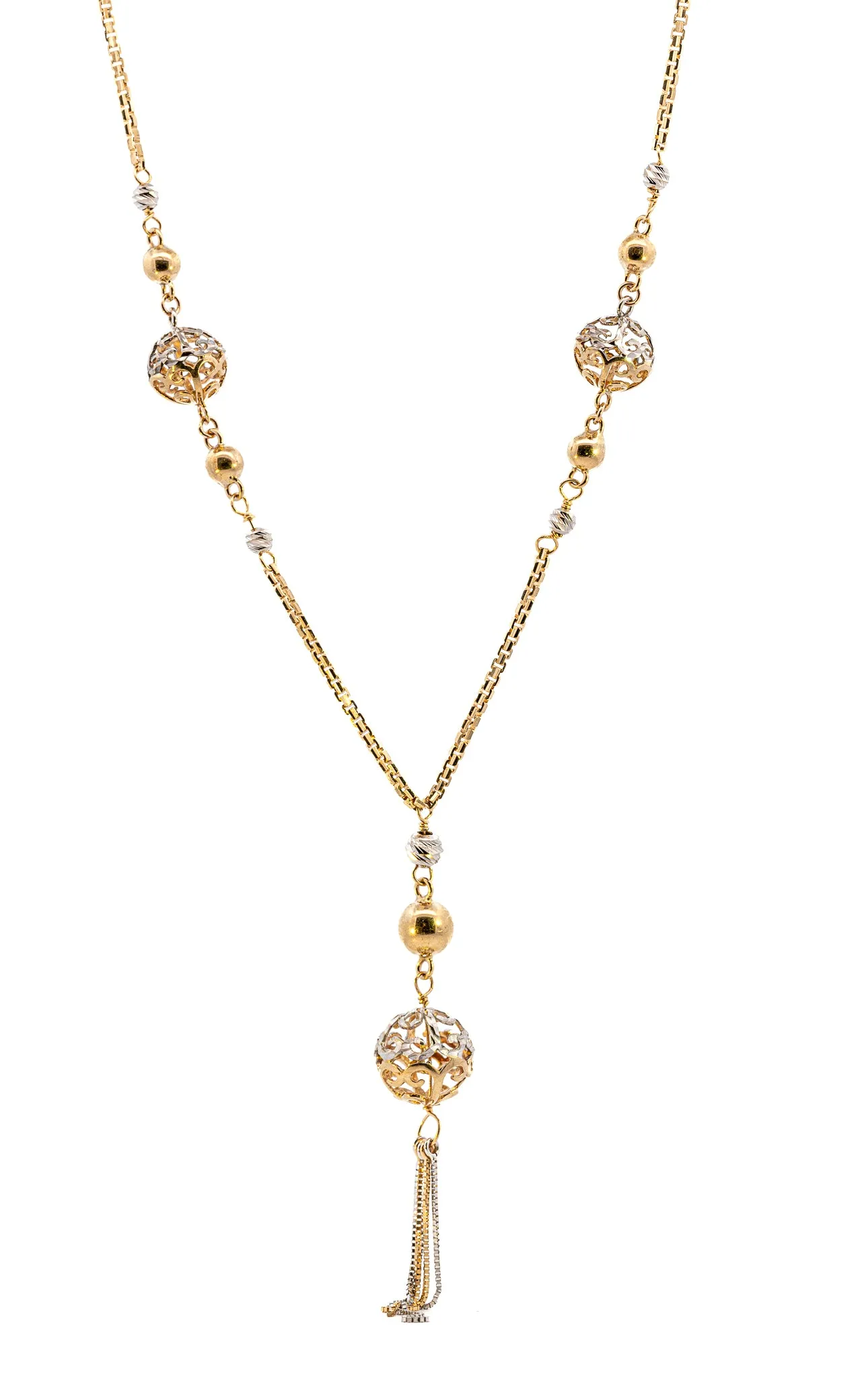 Exquisite Yellow & White Gold Necklace with Filigree & Diamond Cut Balls