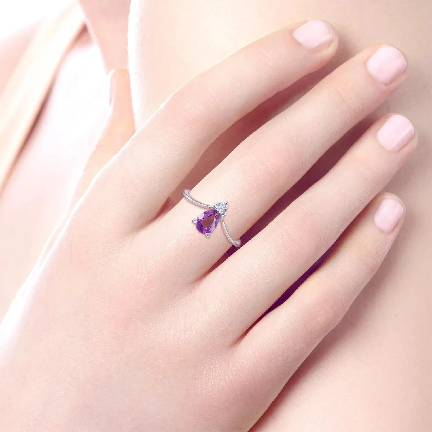 Gabriel & Co. Teardrop Amethyst and Diamond Triangle Ring