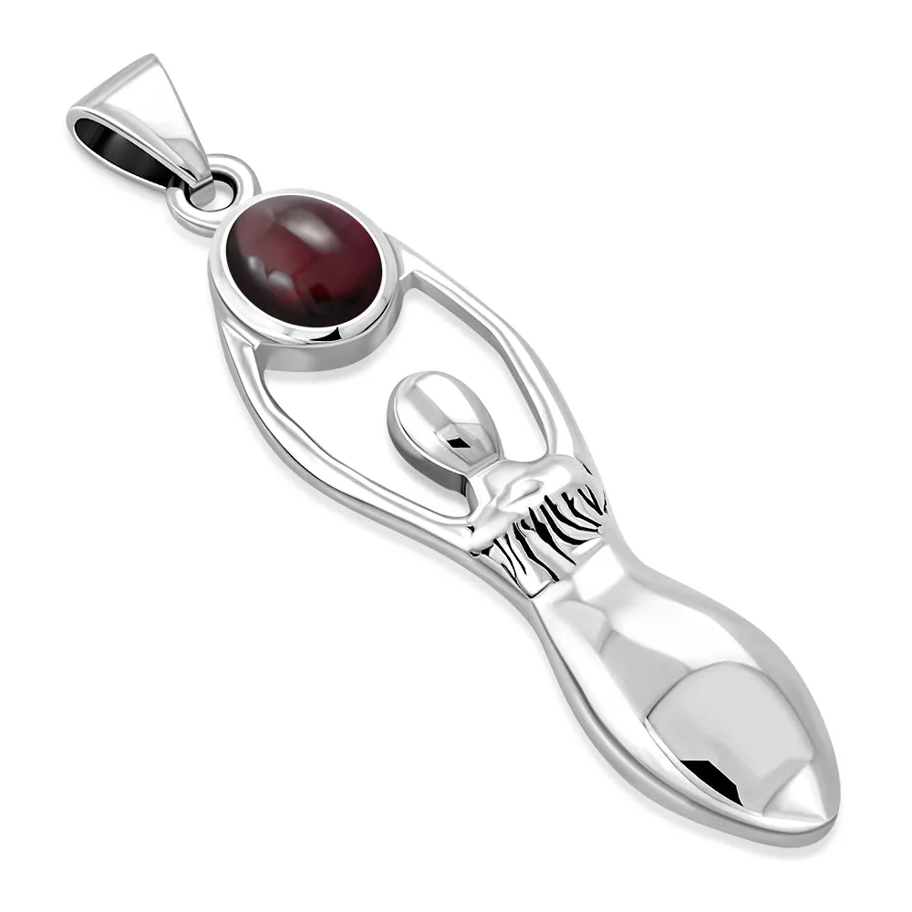 Garnet Fertility Moon Goddess Silver Pendant