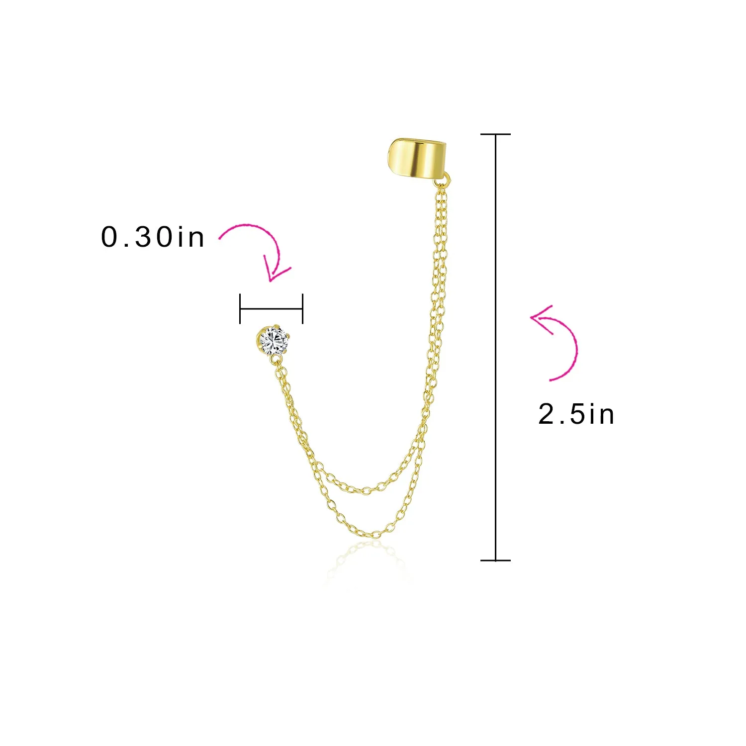 Geometric Ear Cuff Cartilage with Chains CZ Stud 14K Gold Plated Silver