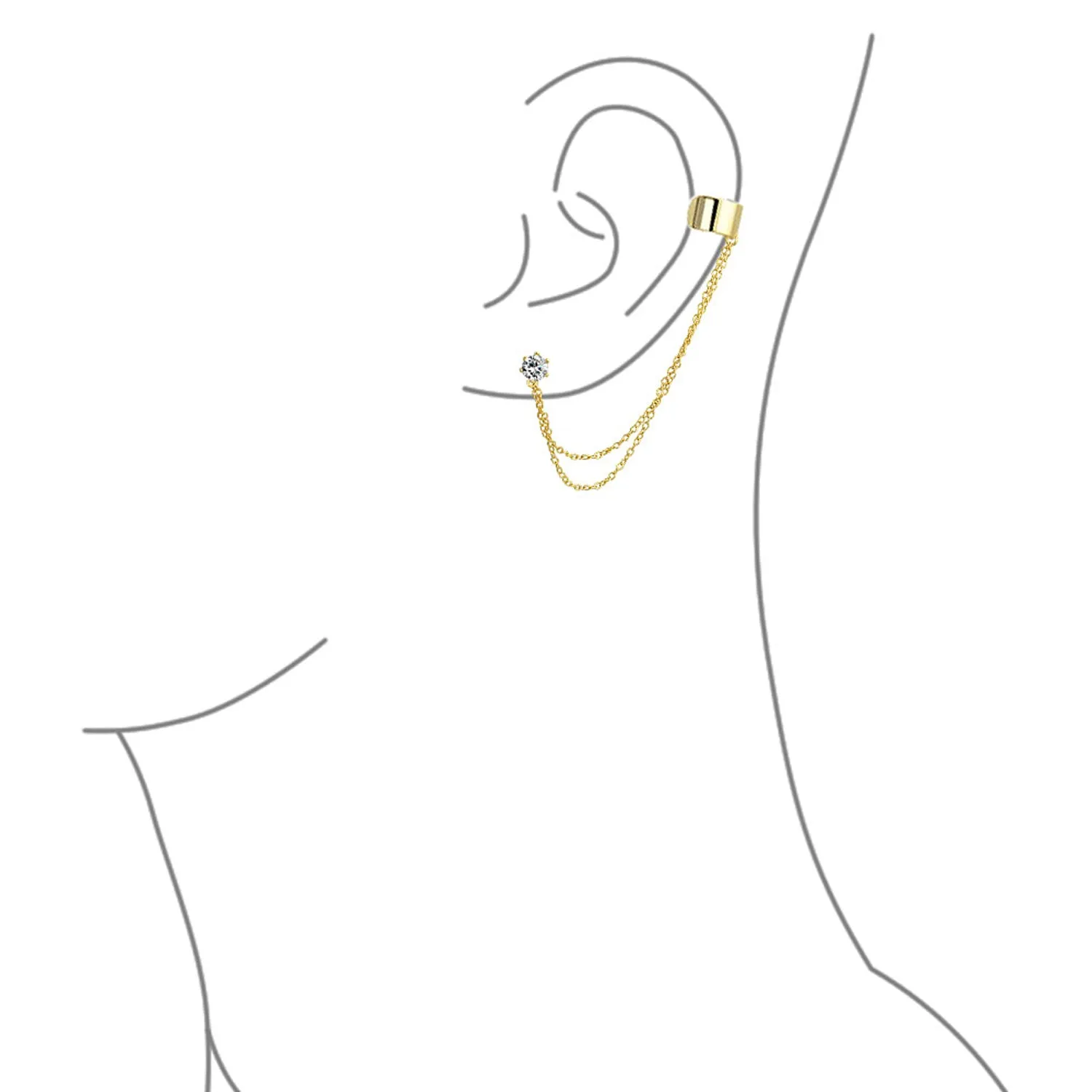 Geometric Ear Cuff Cartilage with Chains CZ Stud 14K Gold Plated Silver