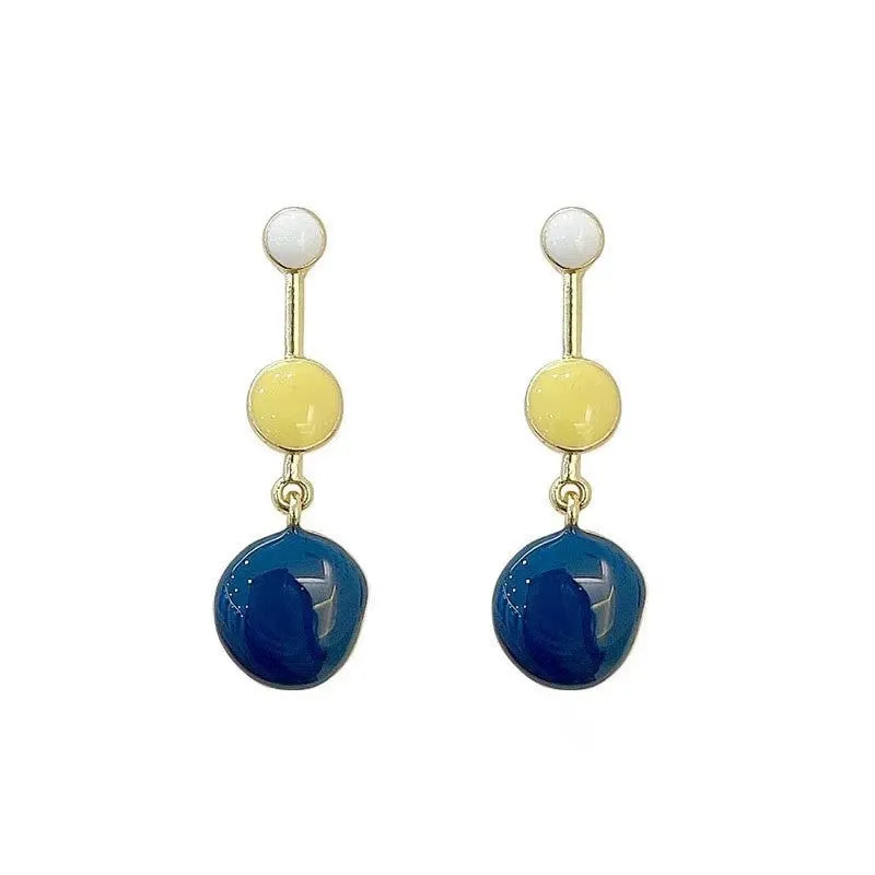 Geometric Triple Drop Earrings in Blue, Yellow & White-jlt11506