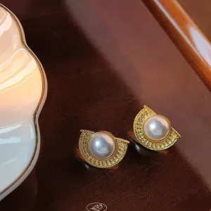 Gold and Pearl Half-Moon Stud Earrings-jlt11542