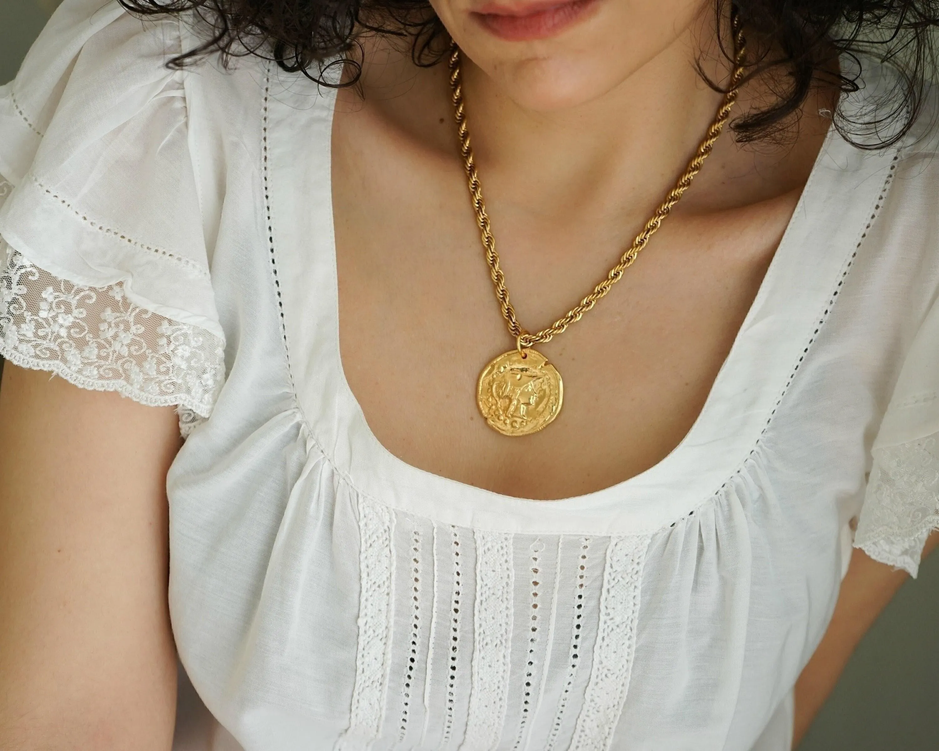 Gold Athena Goddess Coin Pendant Necklace with Stainless Steel Rope Chain