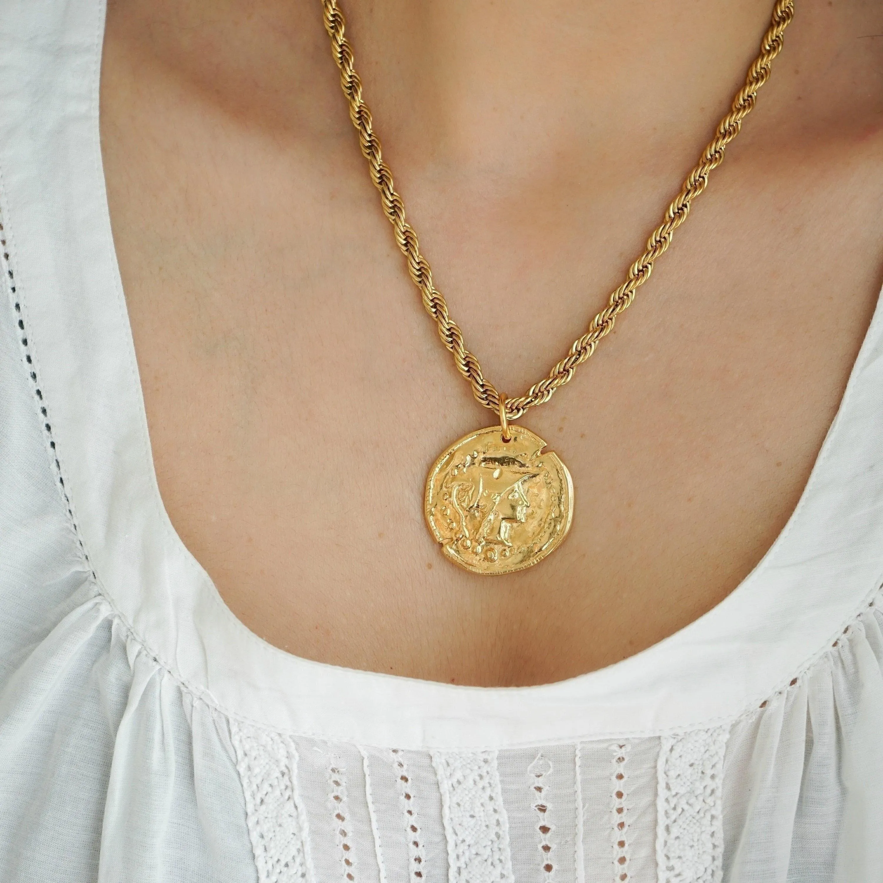 Gold Athena Goddess Coin Pendant Necklace with Stainless Steel Rope Chain