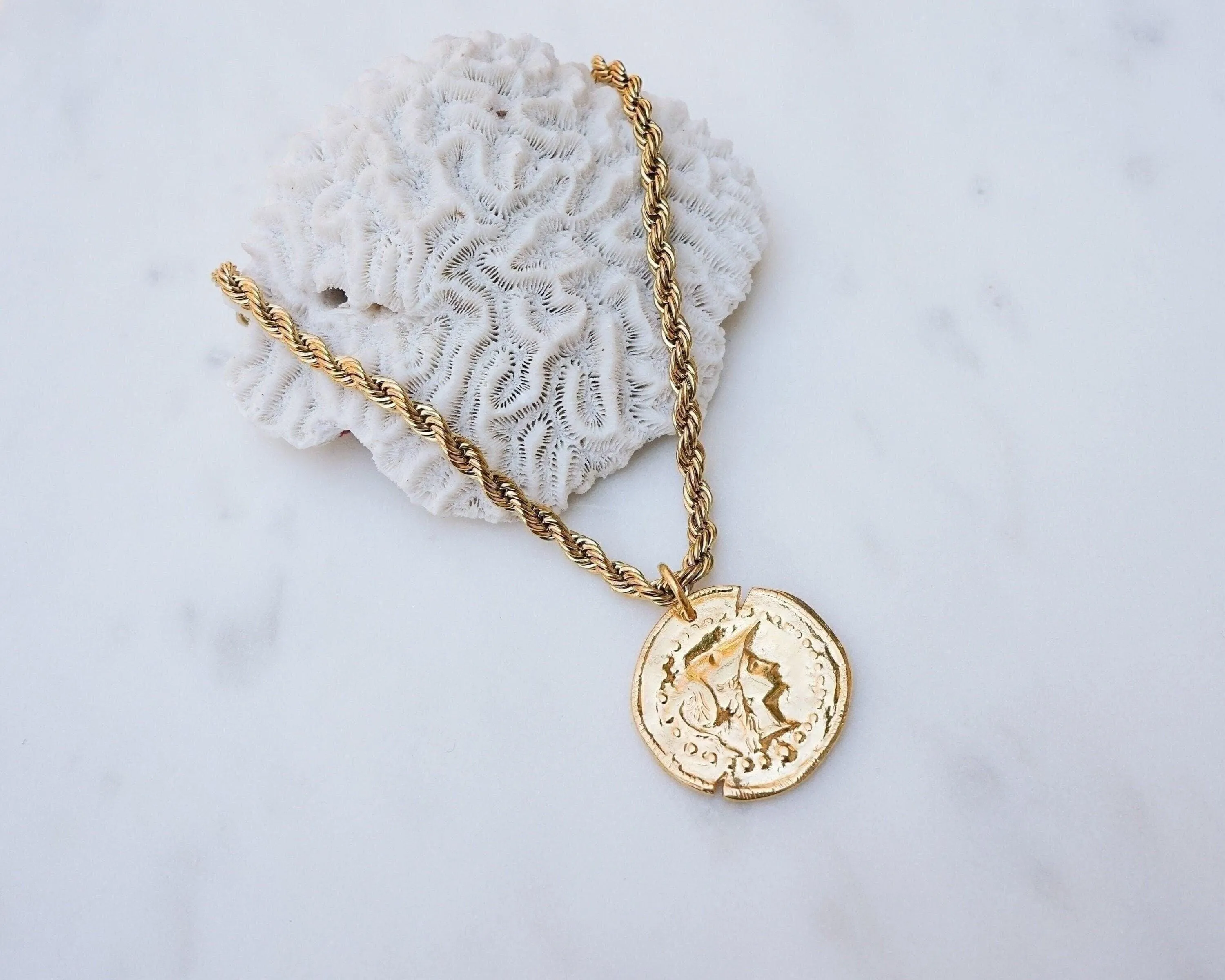 Gold Athena Goddess Coin Pendant Necklace with Stainless Steel Rope Chain