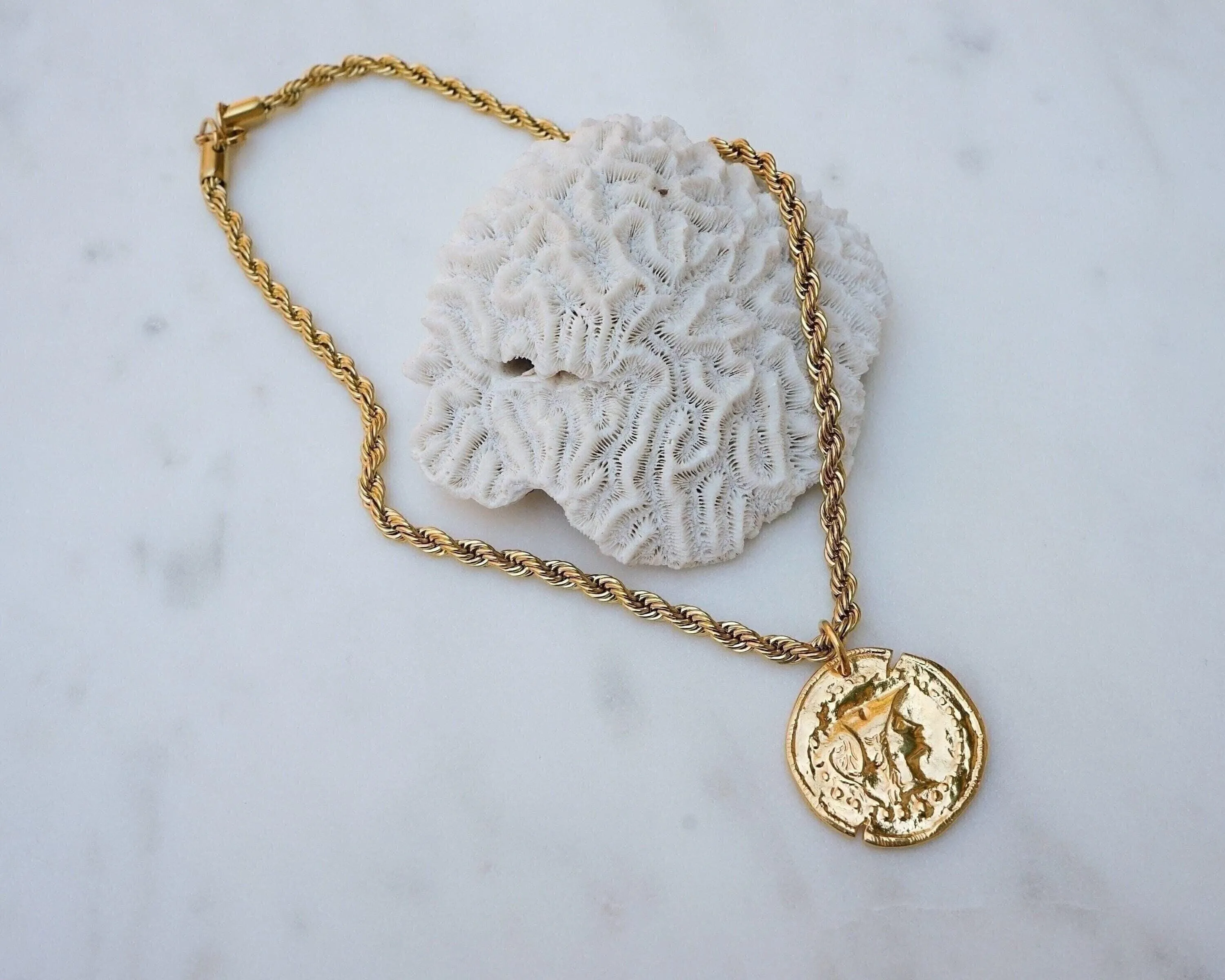 Gold Athena Goddess Coin Pendant Necklace with Stainless Steel Rope Chain