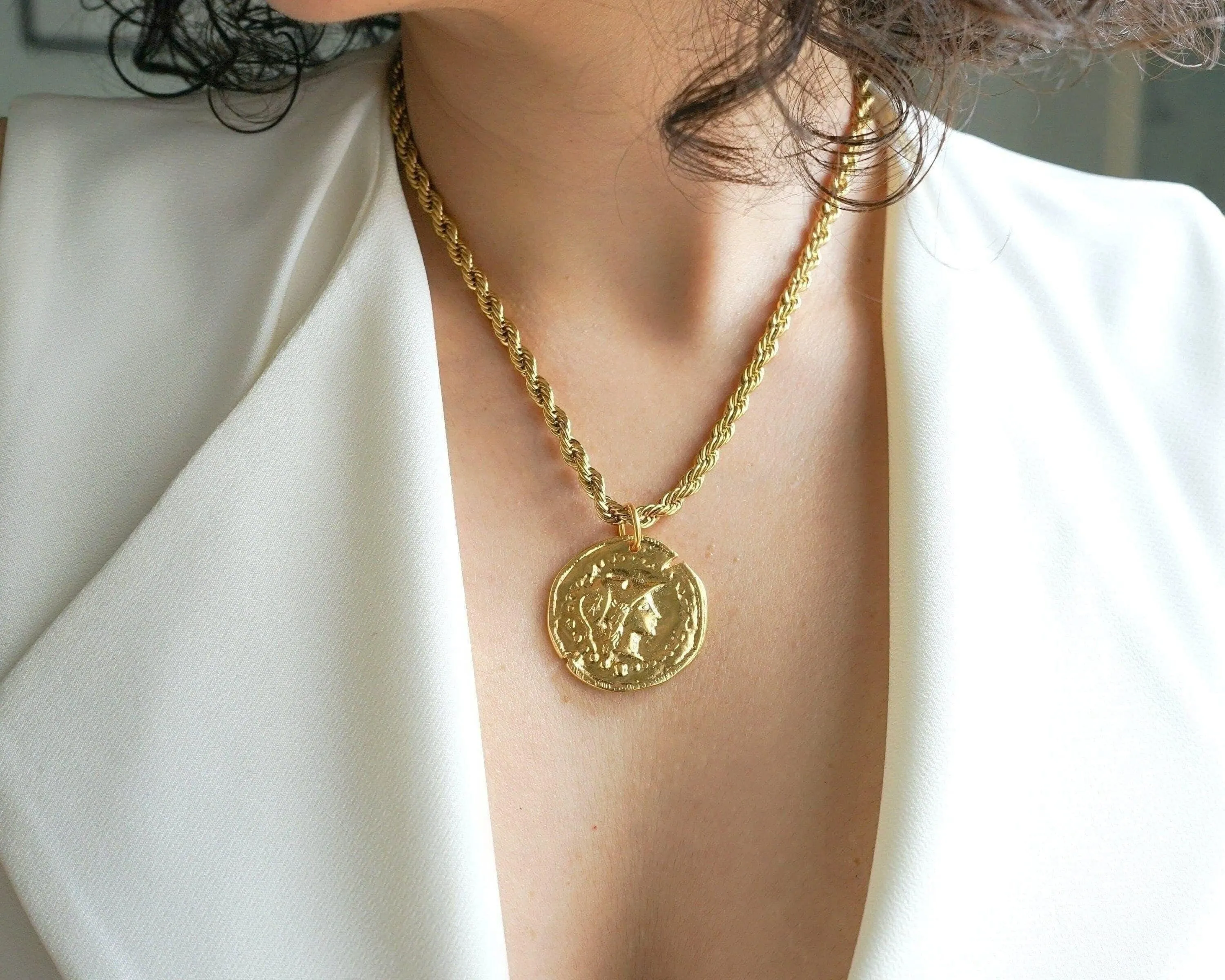 Gold Athena Goddess Coin Pendant Necklace with Stainless Steel Rope Chain