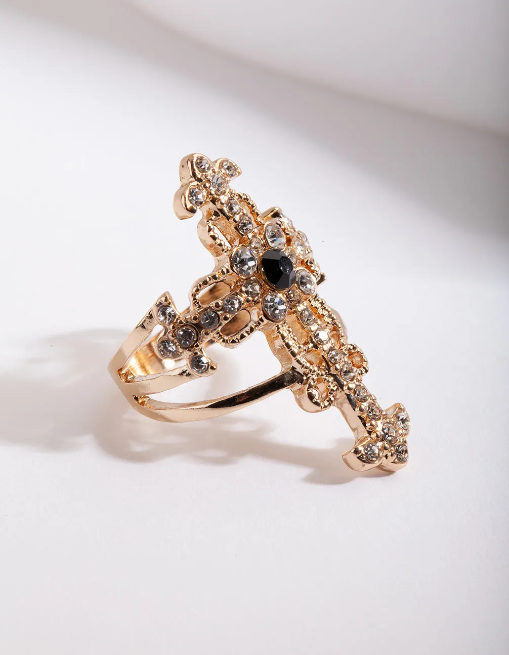 Gold Regal Diamante Cross Ring