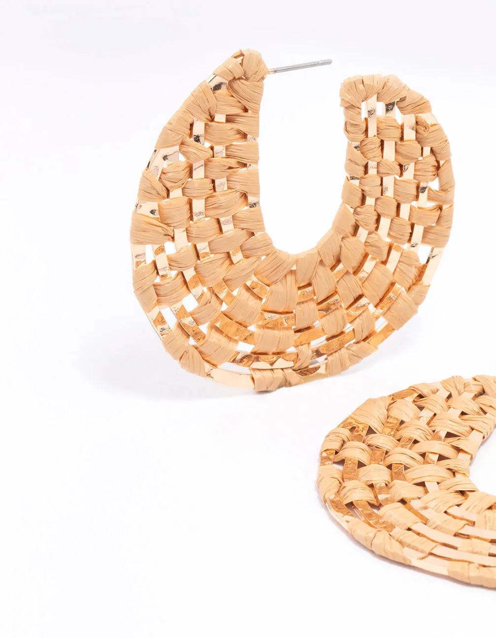 Gold Woven Raffia Curved Hoop Earrings