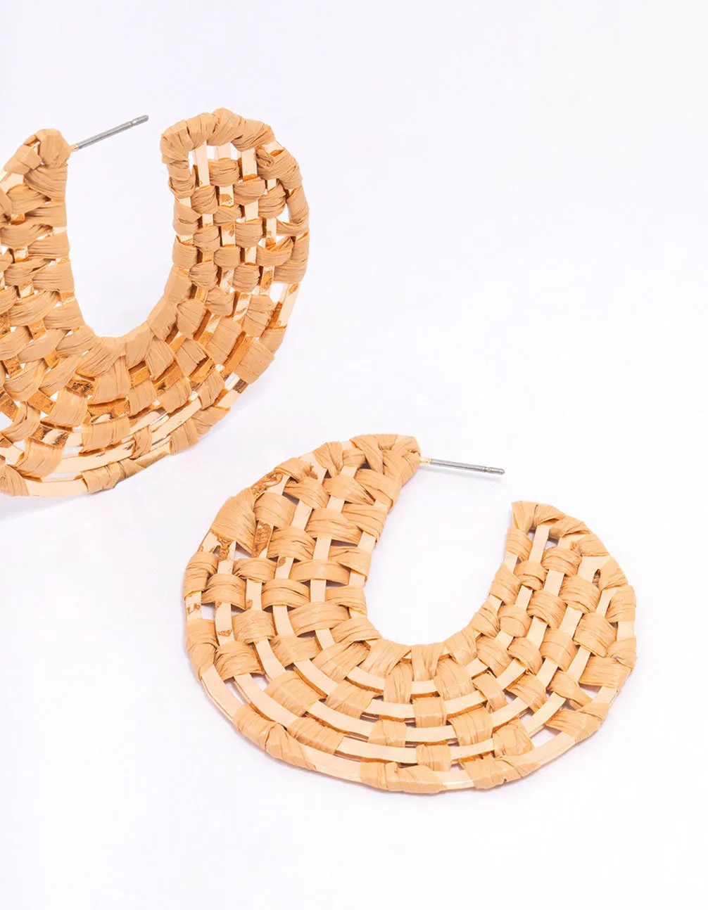 Gold Woven Raffia Curved Hoop Earrings