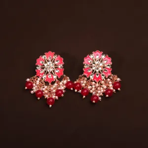 Gorgerous Pink Floral Earring With Hanging Pearls and Beads Earring For Women