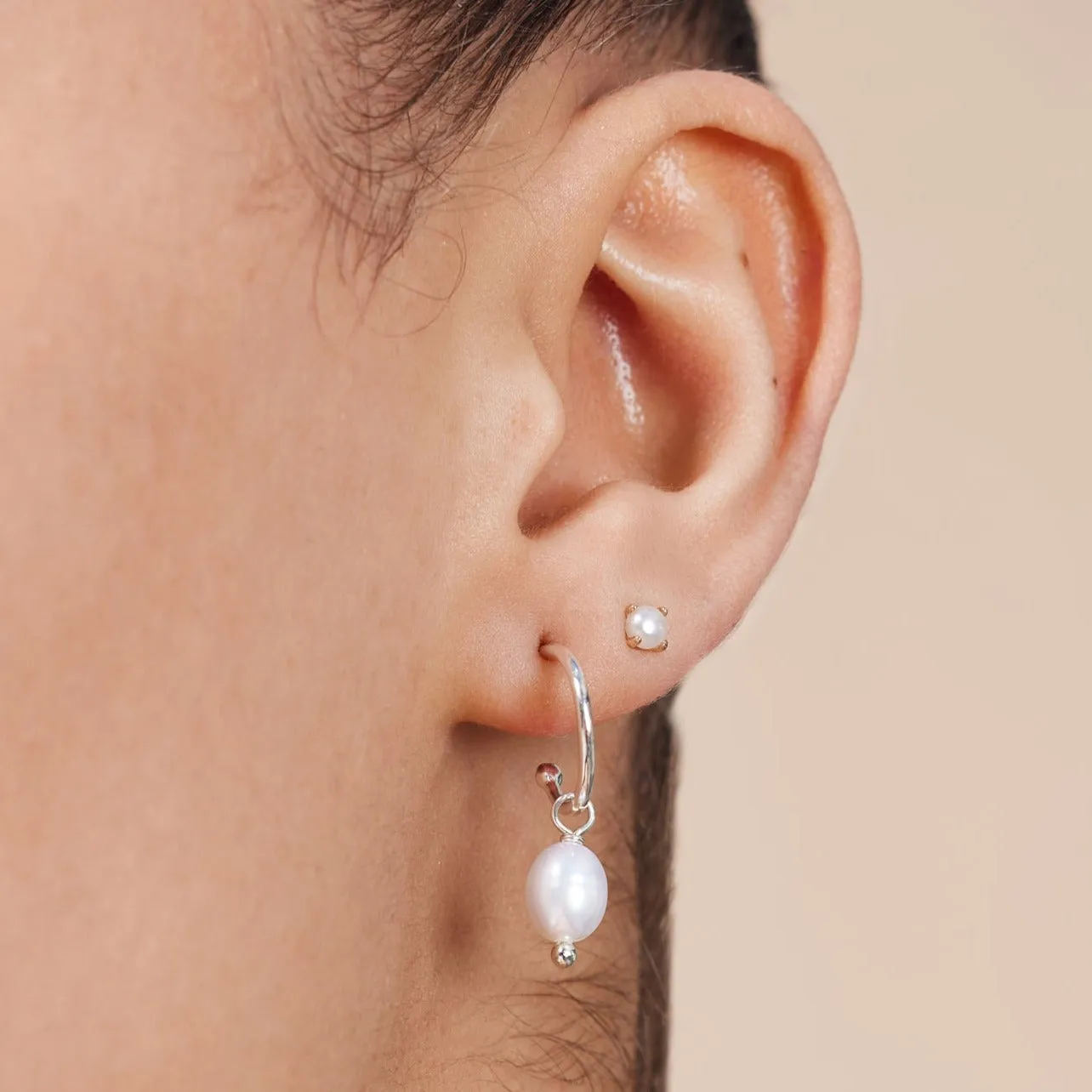 Gratia Small Silver Hoop Earrings with Cultured Freshwater Pearl Drops