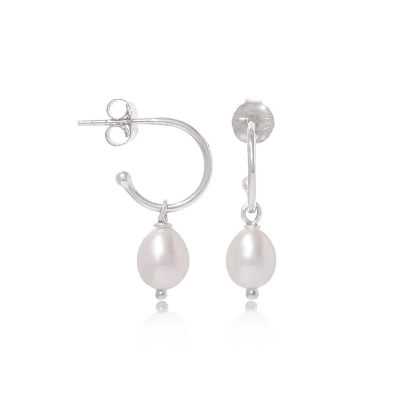 Gratia Small Silver Hoop Earrings with Cultured Freshwater Pearl Drops