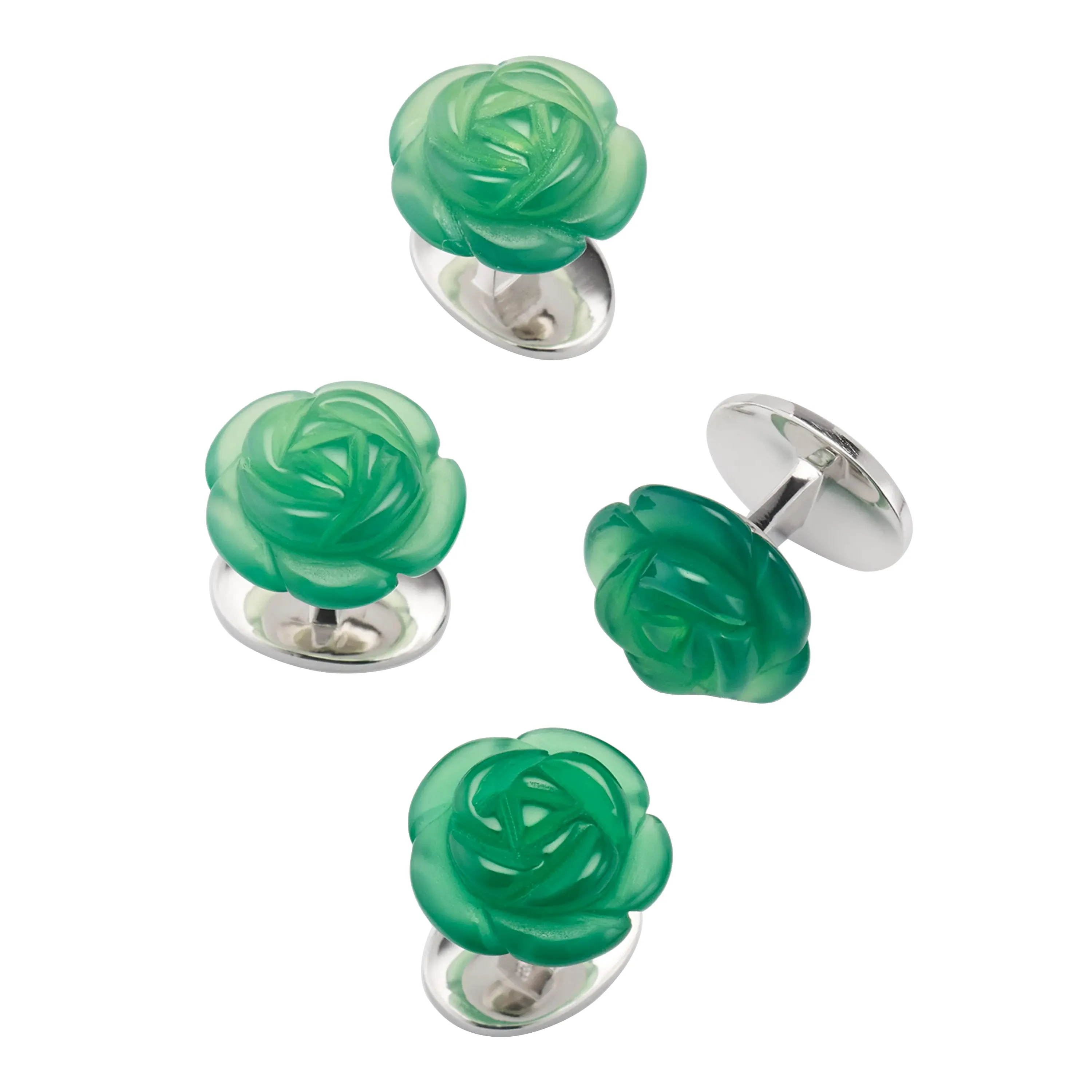 Green Onyx Hand Carved Gemstone Rose Sterling Silver Tuxedo Studs