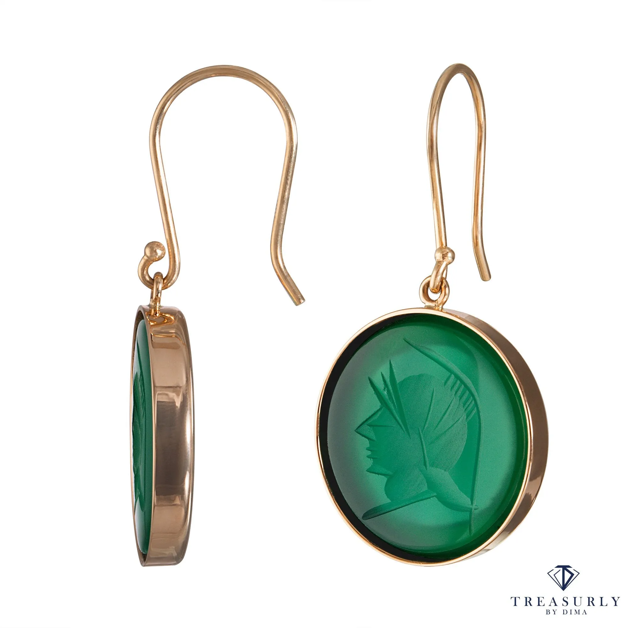 Green Onyx Round Intaglio Hanging Dangling 14k Yellow Estate Vintage Earrings