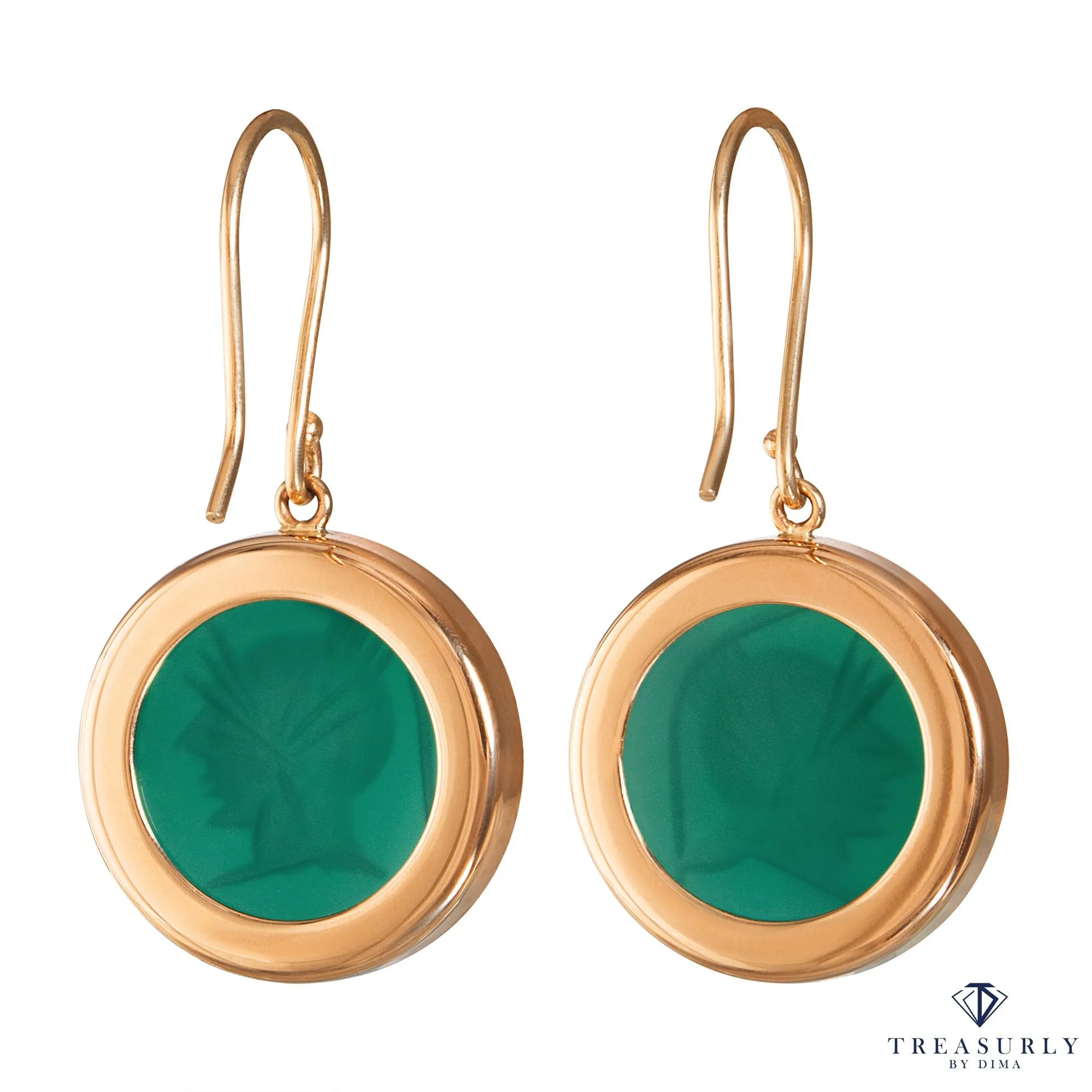 Green Onyx Round Intaglio Hanging Dangling 14k Yellow Estate Vintage Earrings