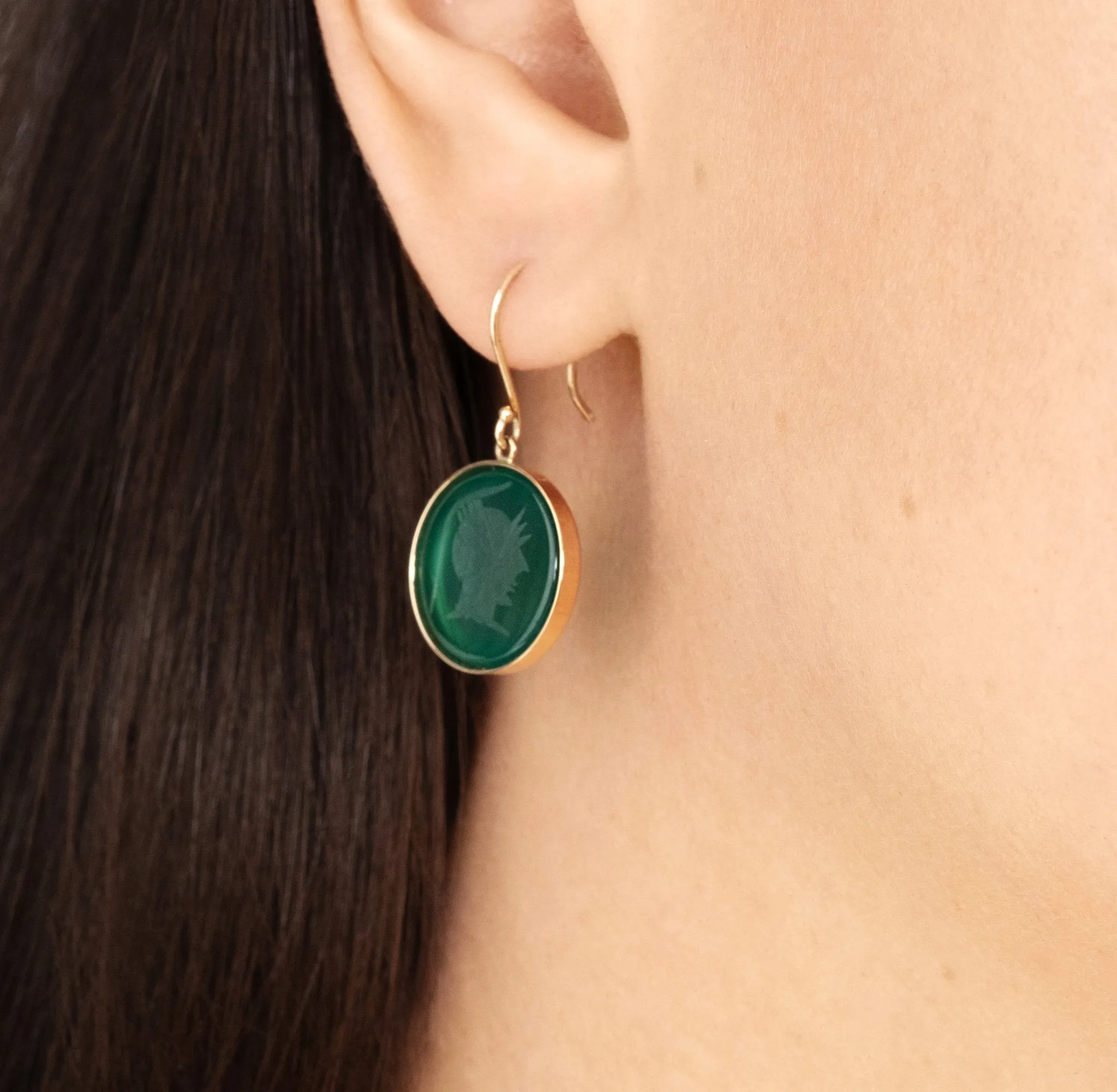 Green Onyx Round Intaglio Hanging Dangling 14k Yellow Estate Vintage Earrings