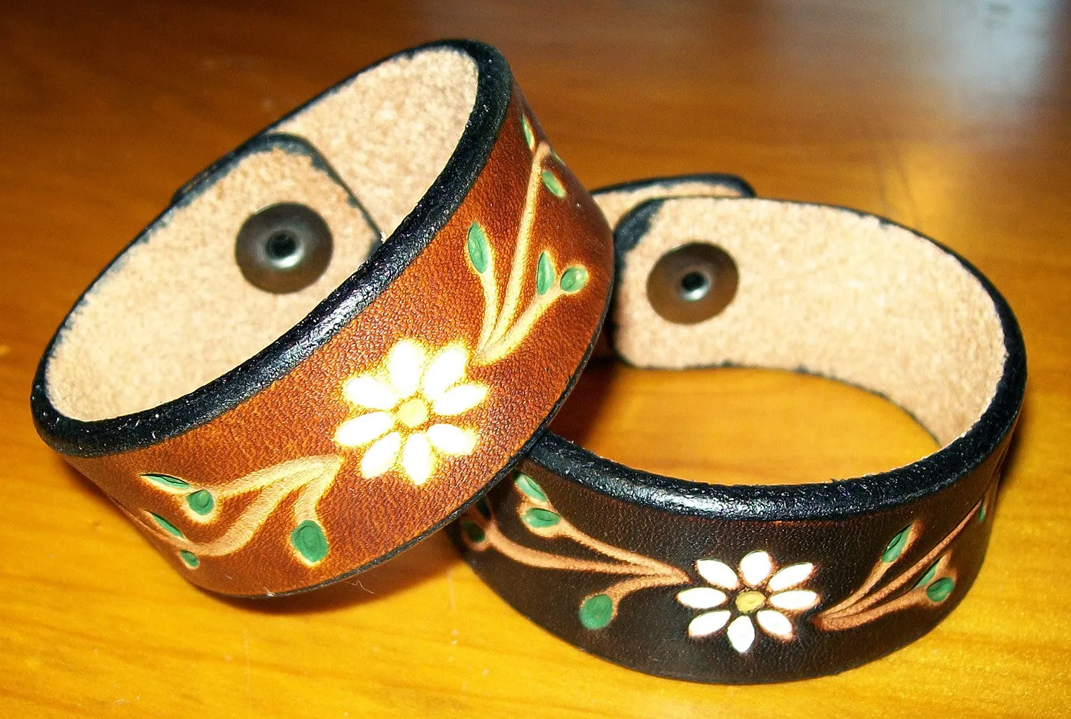 Handmade Leather Bracelets with Tooled and Painted Daisy Flower Design